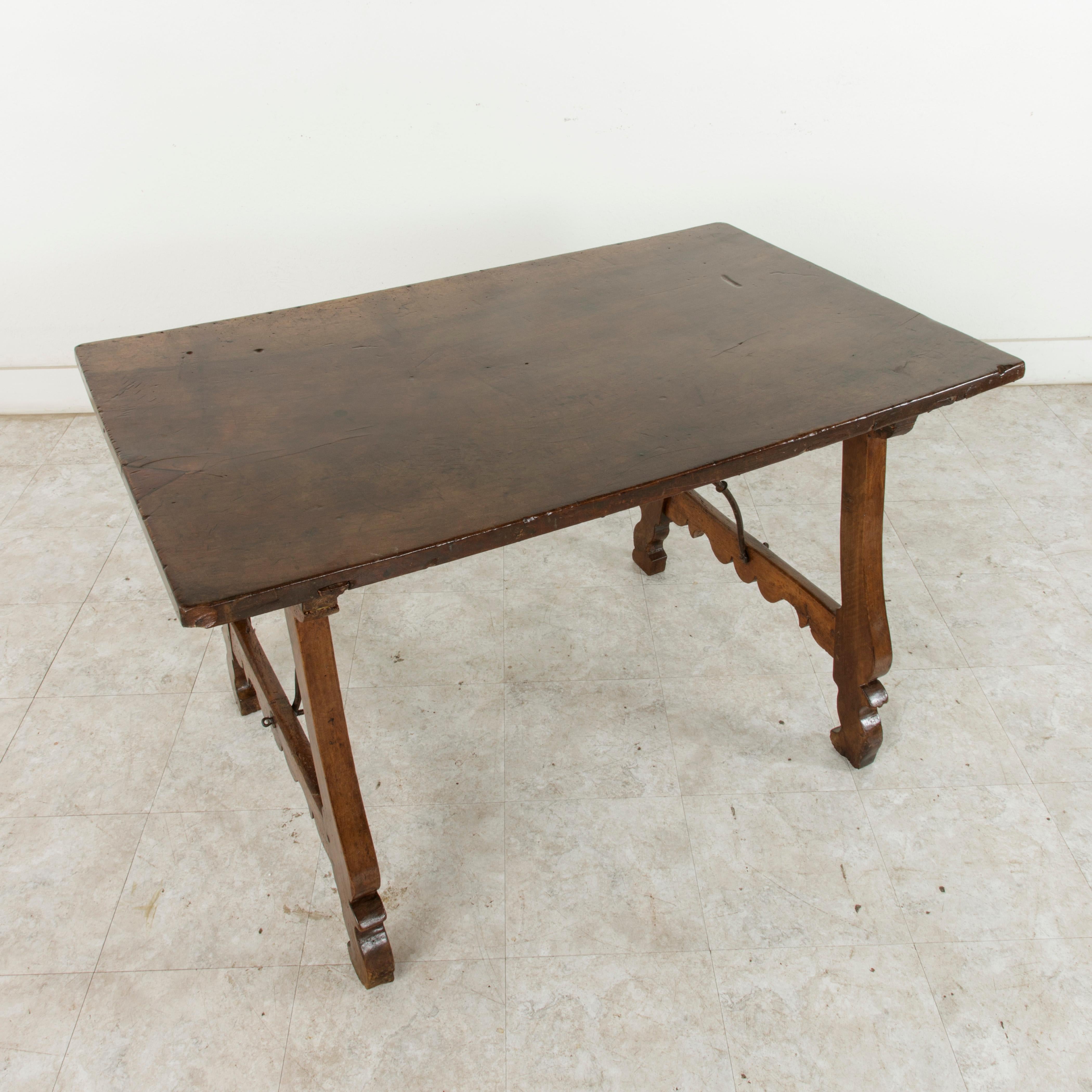 Late 17th Century Spanish Renaissance Style Walnut Writing Table, Iron Stretcher For Sale 5