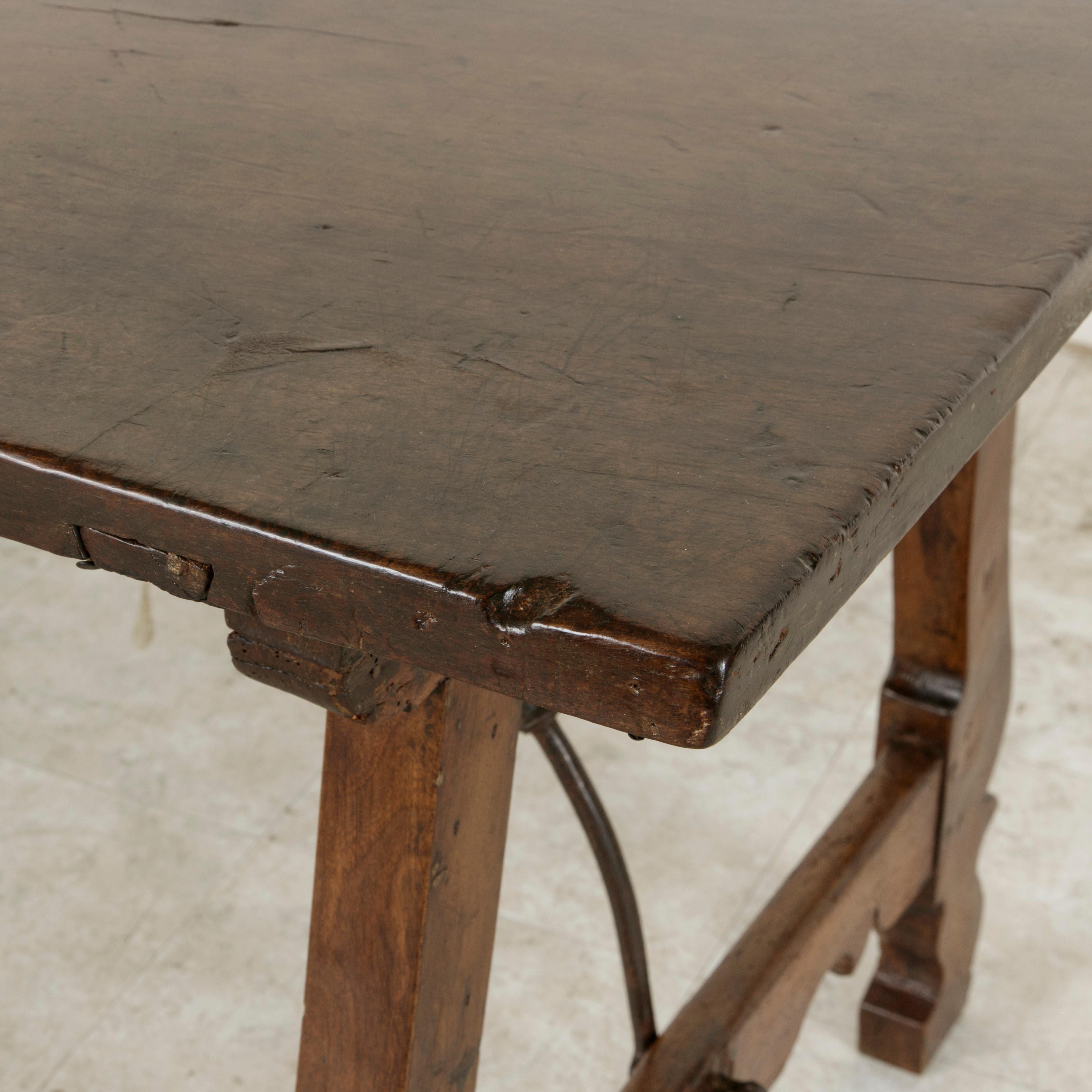 Late 17th Century Spanish Renaissance Style Walnut Writing Table, Iron Stretcher For Sale 7