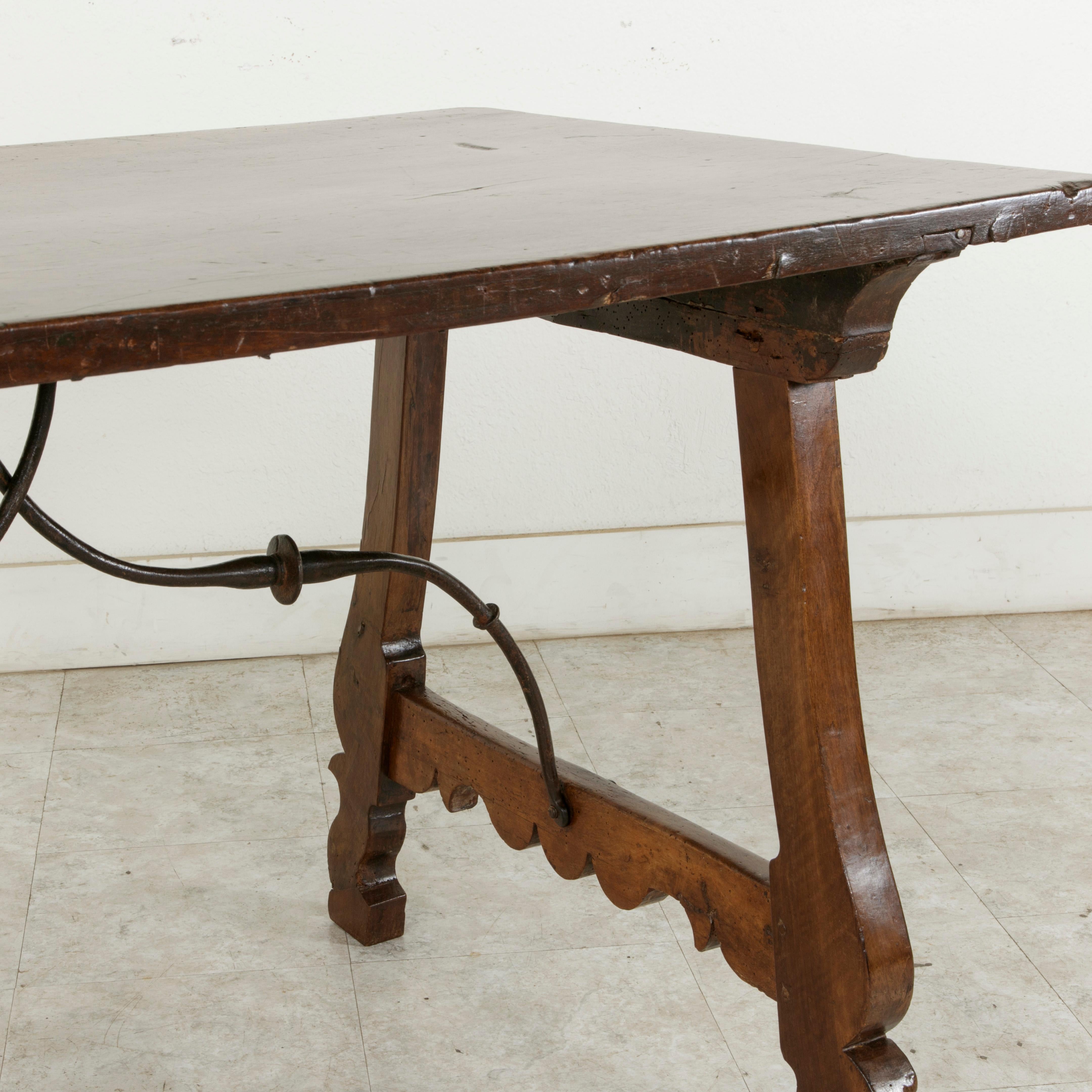 Late 17th Century Spanish Renaissance Style Walnut Writing Table, Iron Stretcher For Sale 10