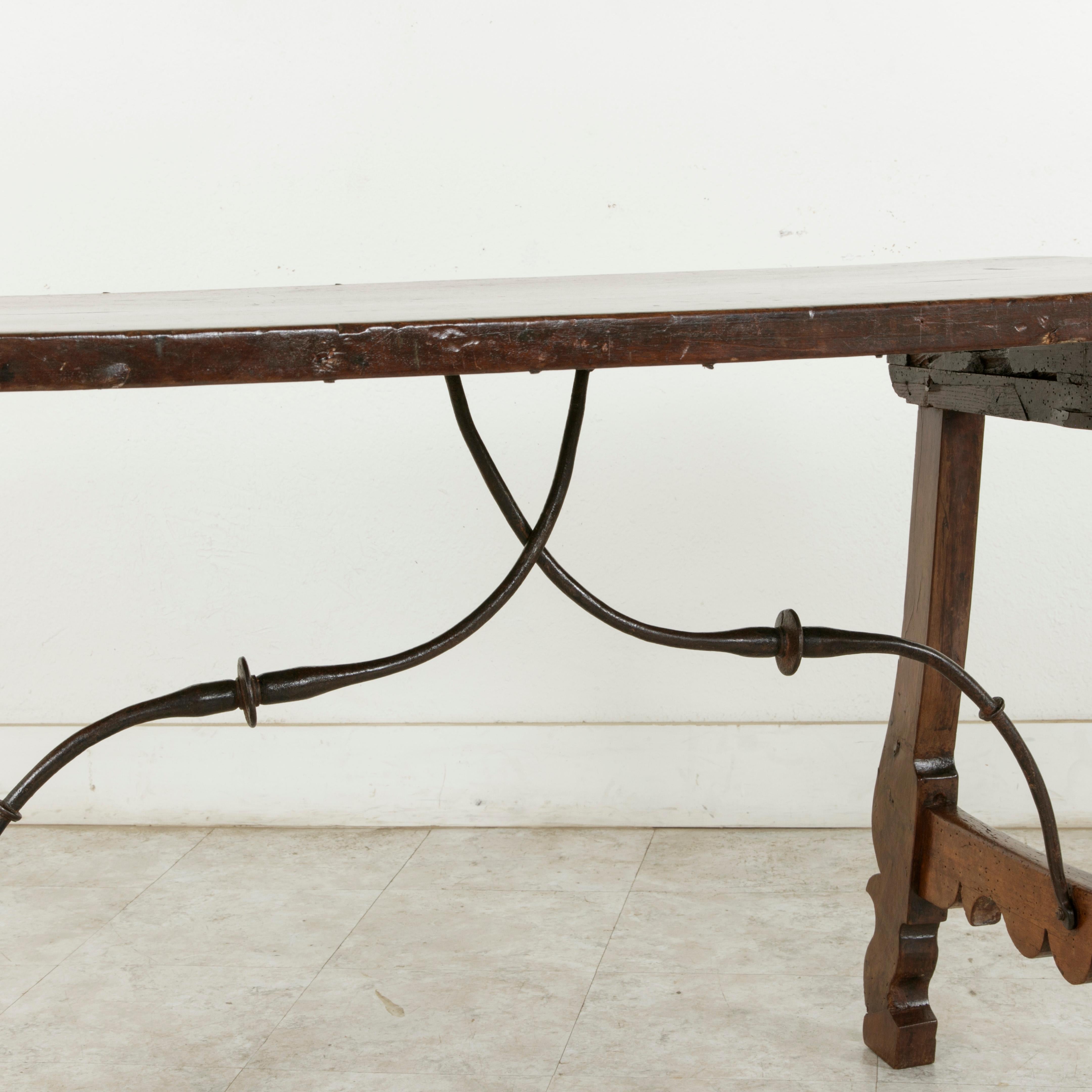 Late 17th Century Spanish Renaissance Style Walnut Writing Table, Iron Stretcher For Sale 11
