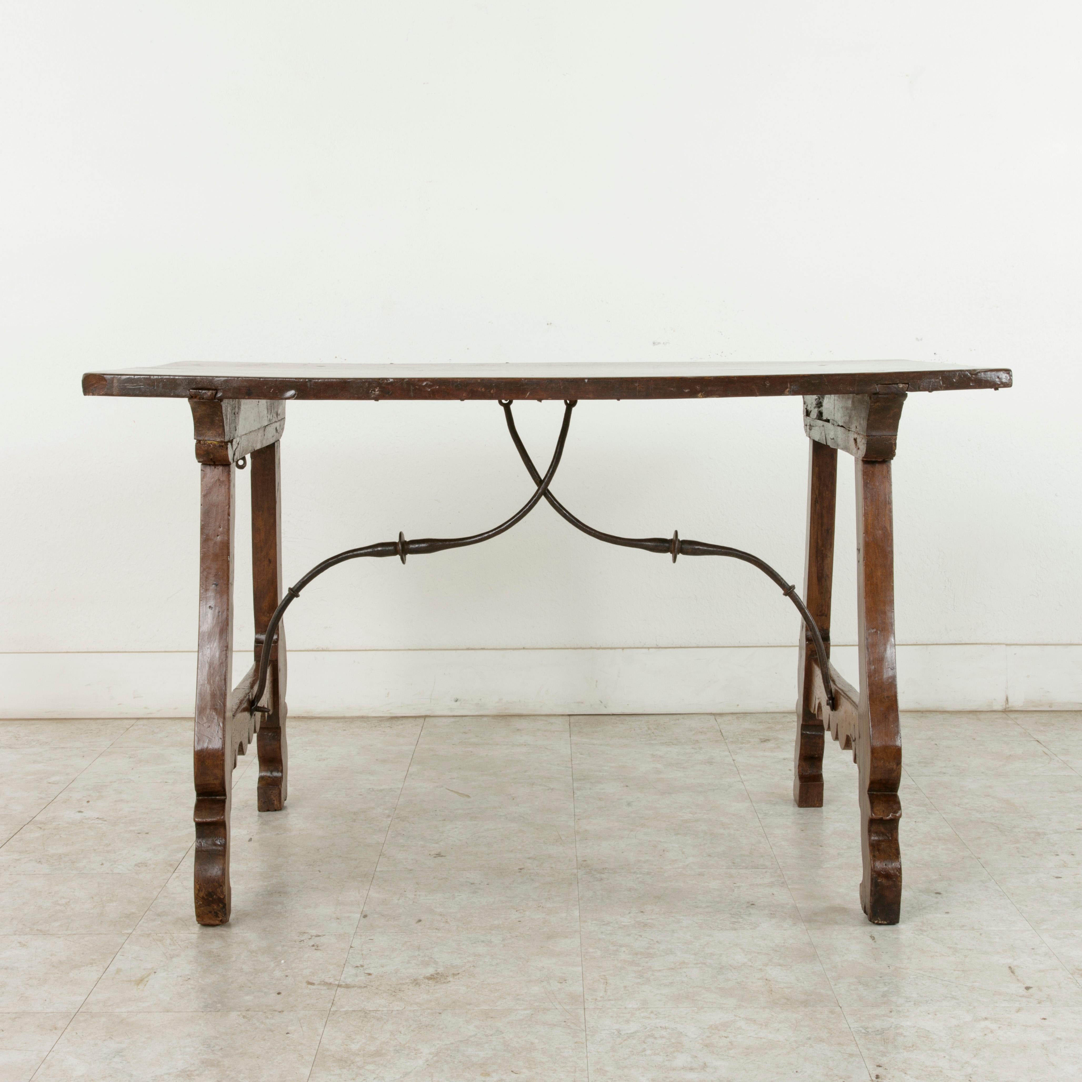 French Late 17th Century Spanish Renaissance Style Walnut Writing Table, Iron Stretcher For Sale