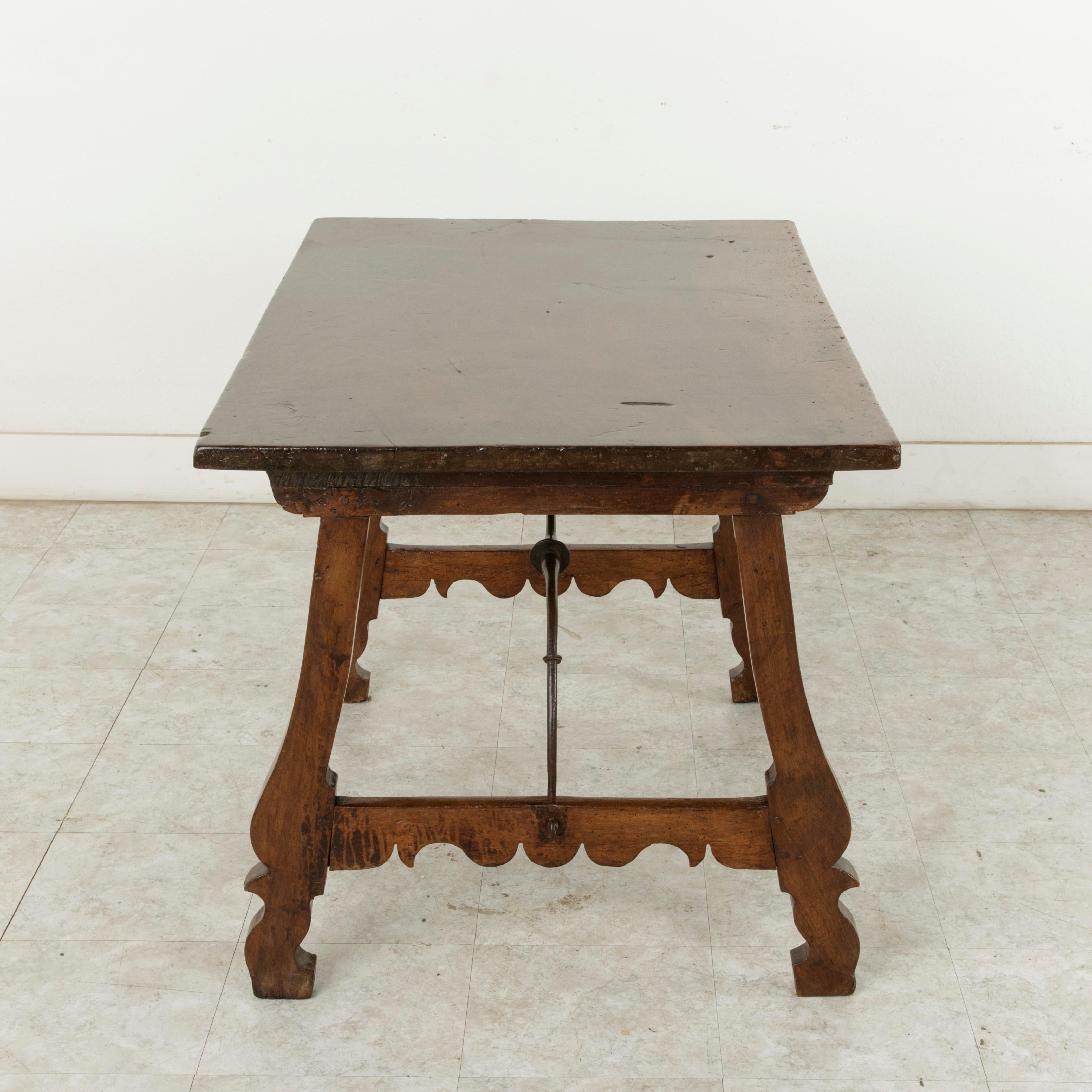 Forged Late 17th Century Spanish Renaissance Style Walnut Writing Table, Iron Stretcher For Sale
