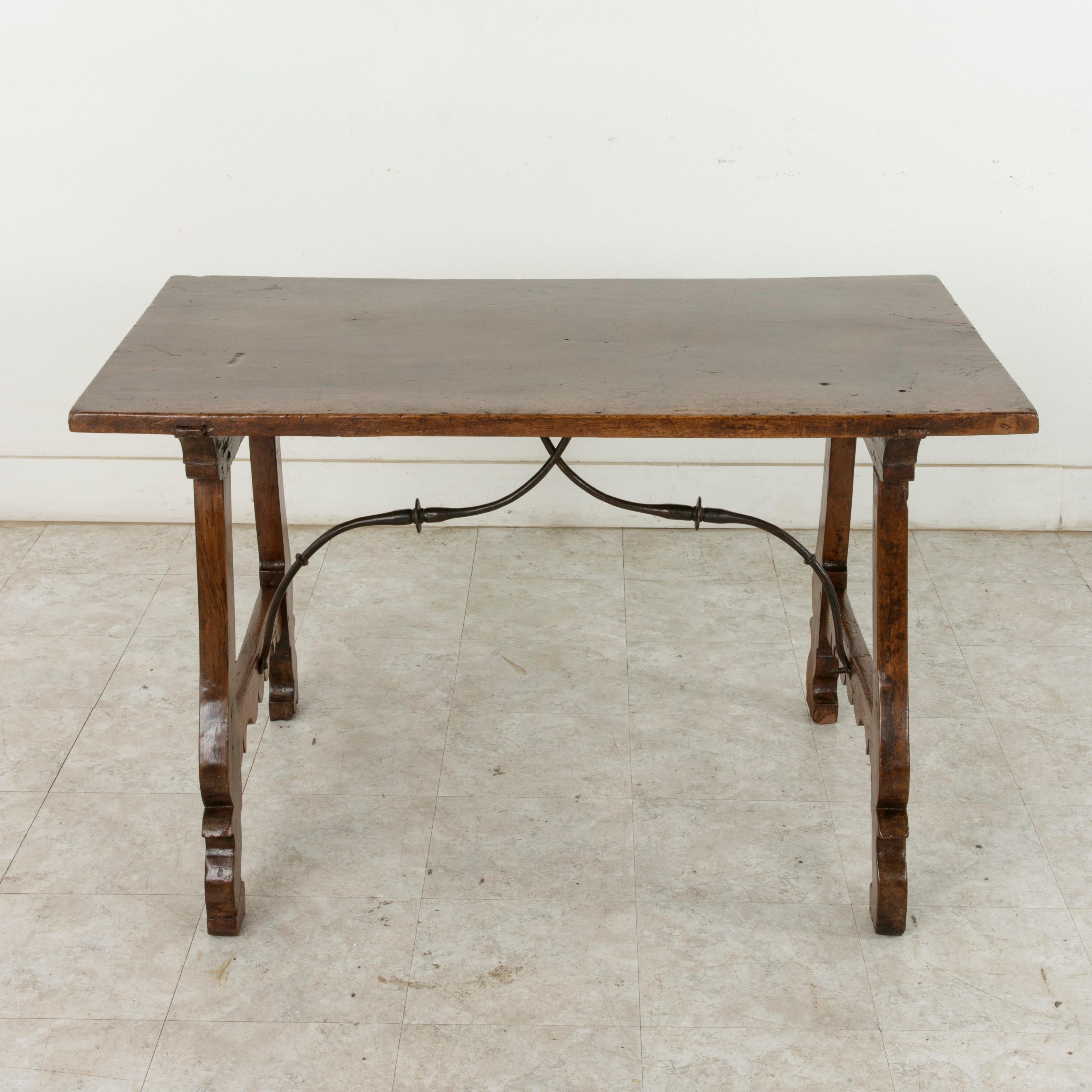 Late 17th Century Spanish Renaissance Style Walnut Writing Table, Iron Stretcher For Sale 1