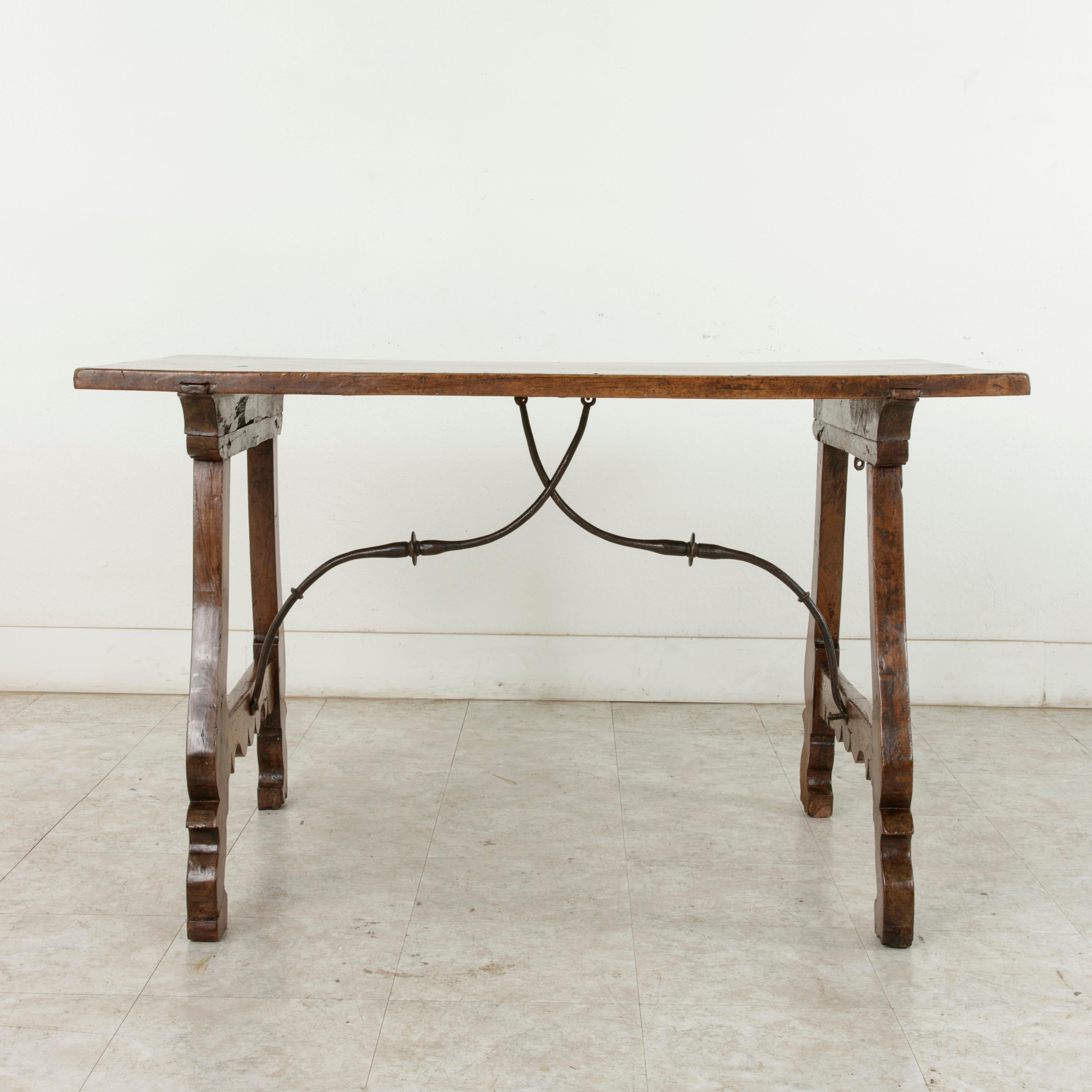 Late 17th Century Spanish Renaissance Style Walnut Writing Table, Iron Stretcher For Sale 2
