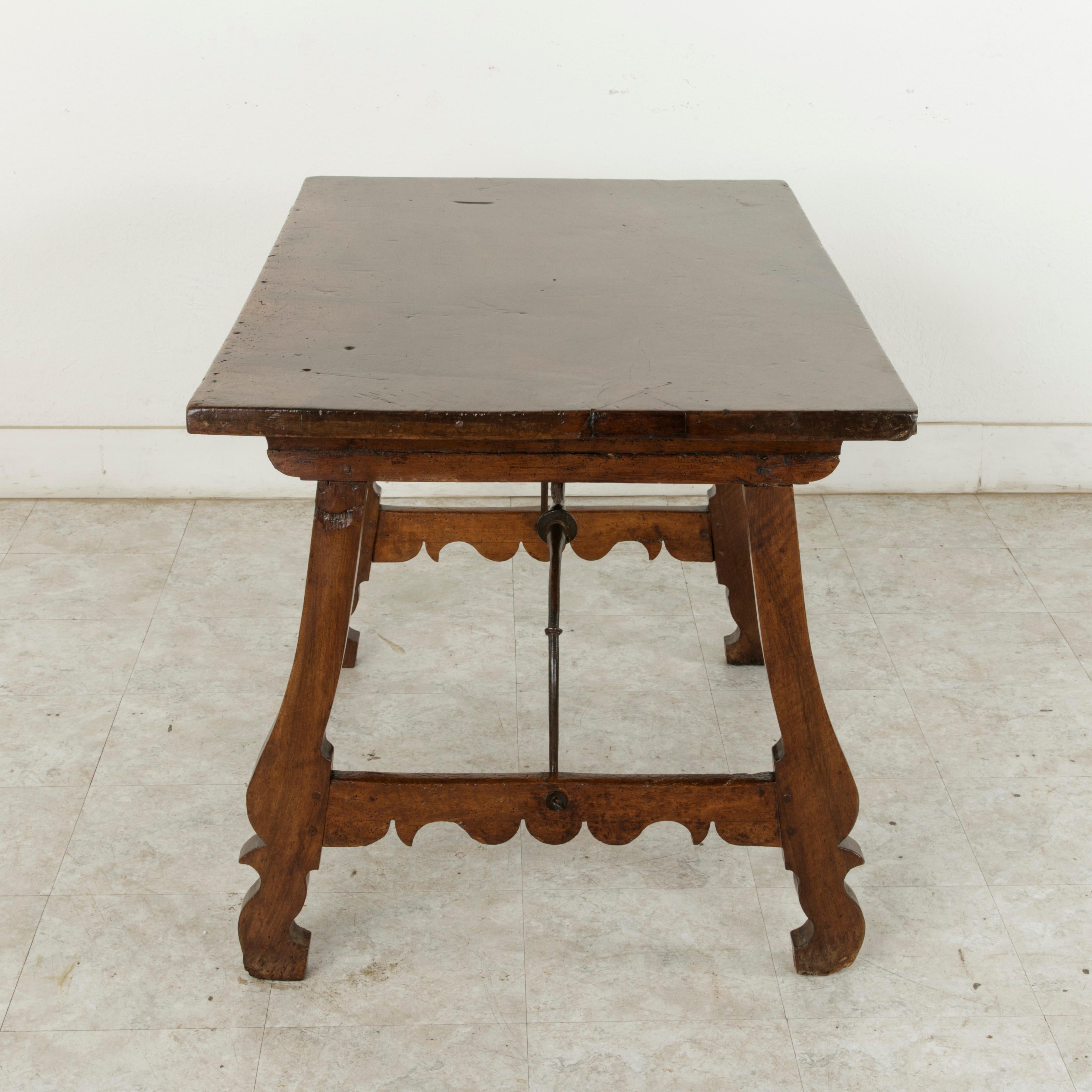 Late 17th Century Spanish Renaissance Style Walnut Writing Table, Iron Stretcher For Sale 3