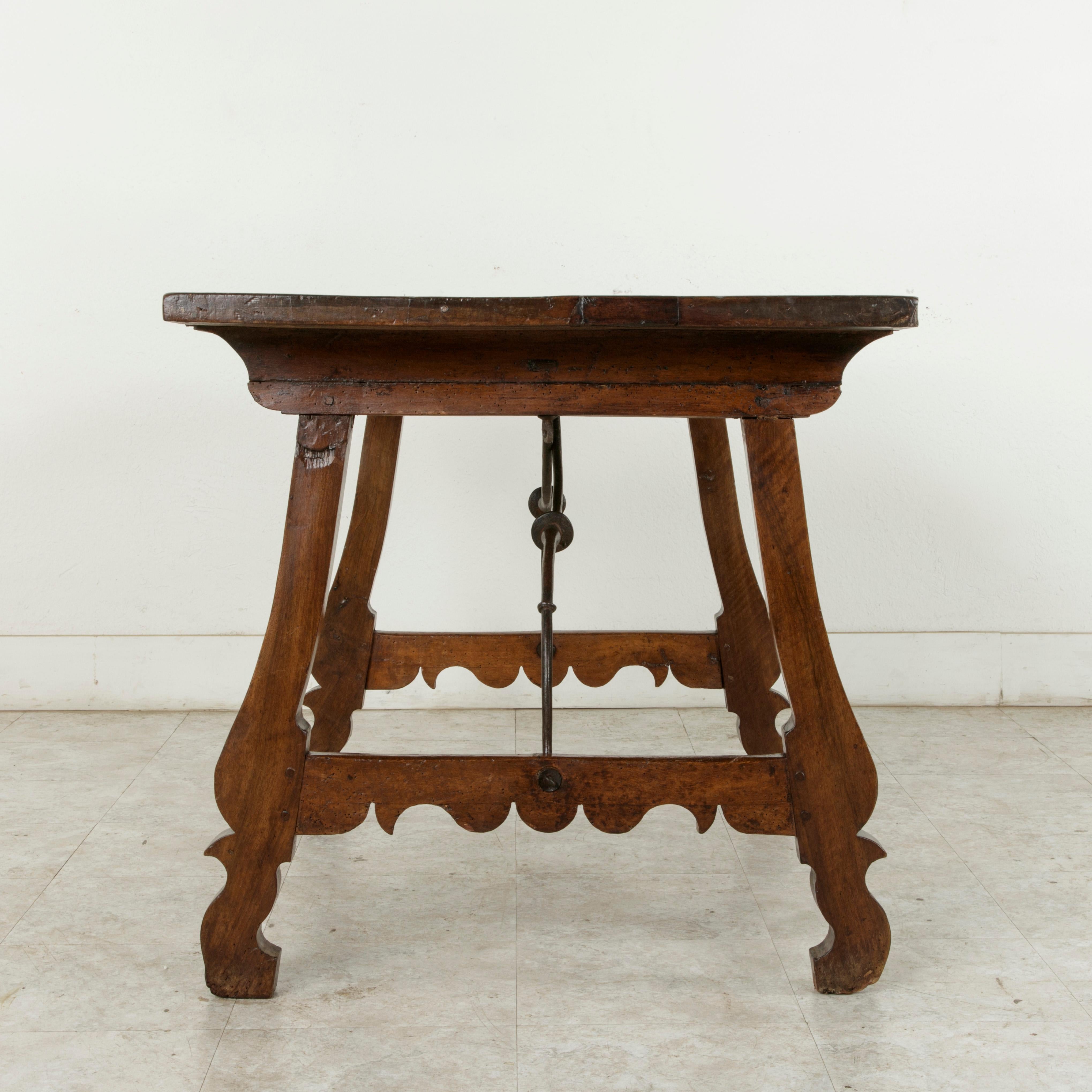 Late 17th Century Spanish Renaissance Style Walnut Writing Table, Iron Stretcher For Sale 4