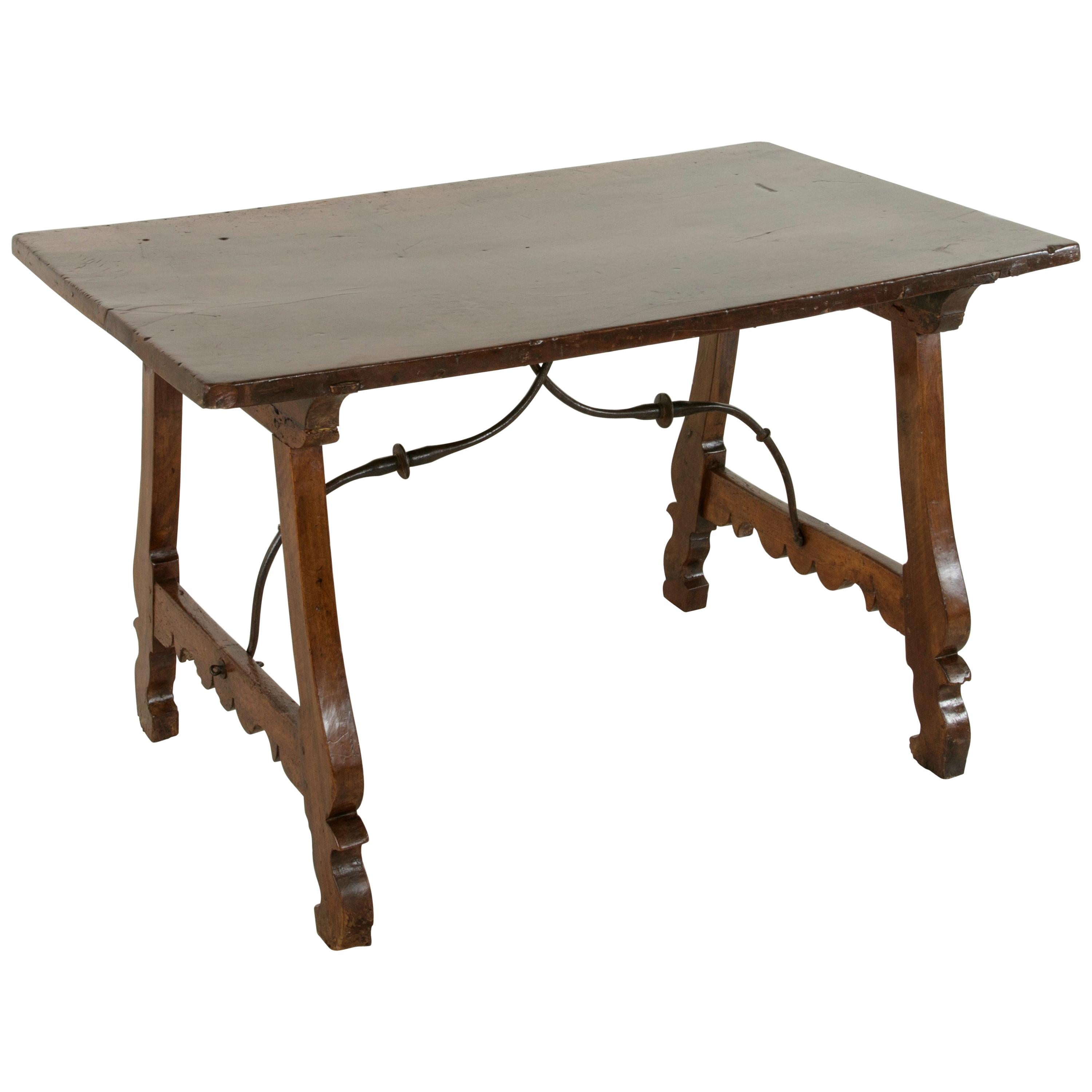 Late 17th Century Spanish Renaissance Style Walnut Writing Table, Iron Stretcher For Sale