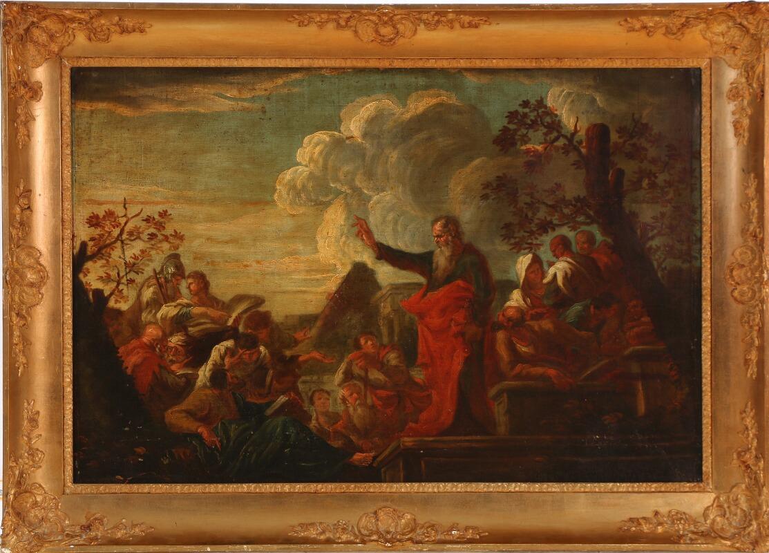 Hand-Painted Late 17th Century the Preaching of Paulus in Lystra, Unsigned, Oil on Canvas