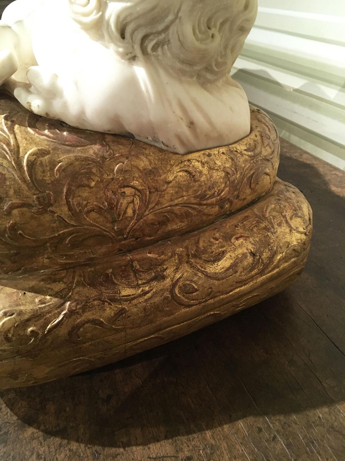 Late 17th Century White Marble Carved Child Nude Cupid Sculpture on Gilded Base For Sale 10