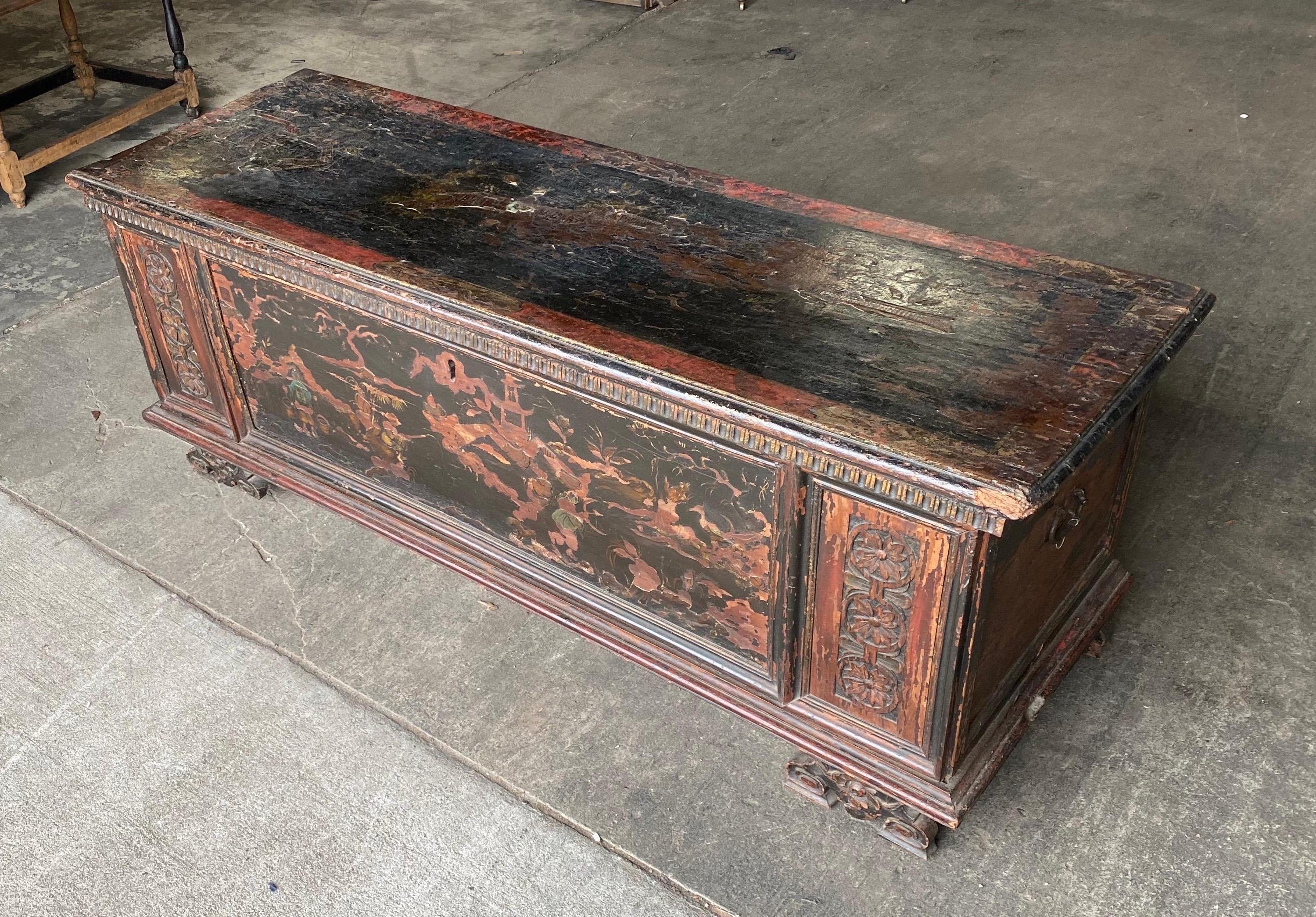 Late 17th-early 18th century Italian cassone with 19th century chinoiserie decoration. Incredible size and scale. Would make an excellent coffee table in a large living room, or would be great at the foot of a king size bed.