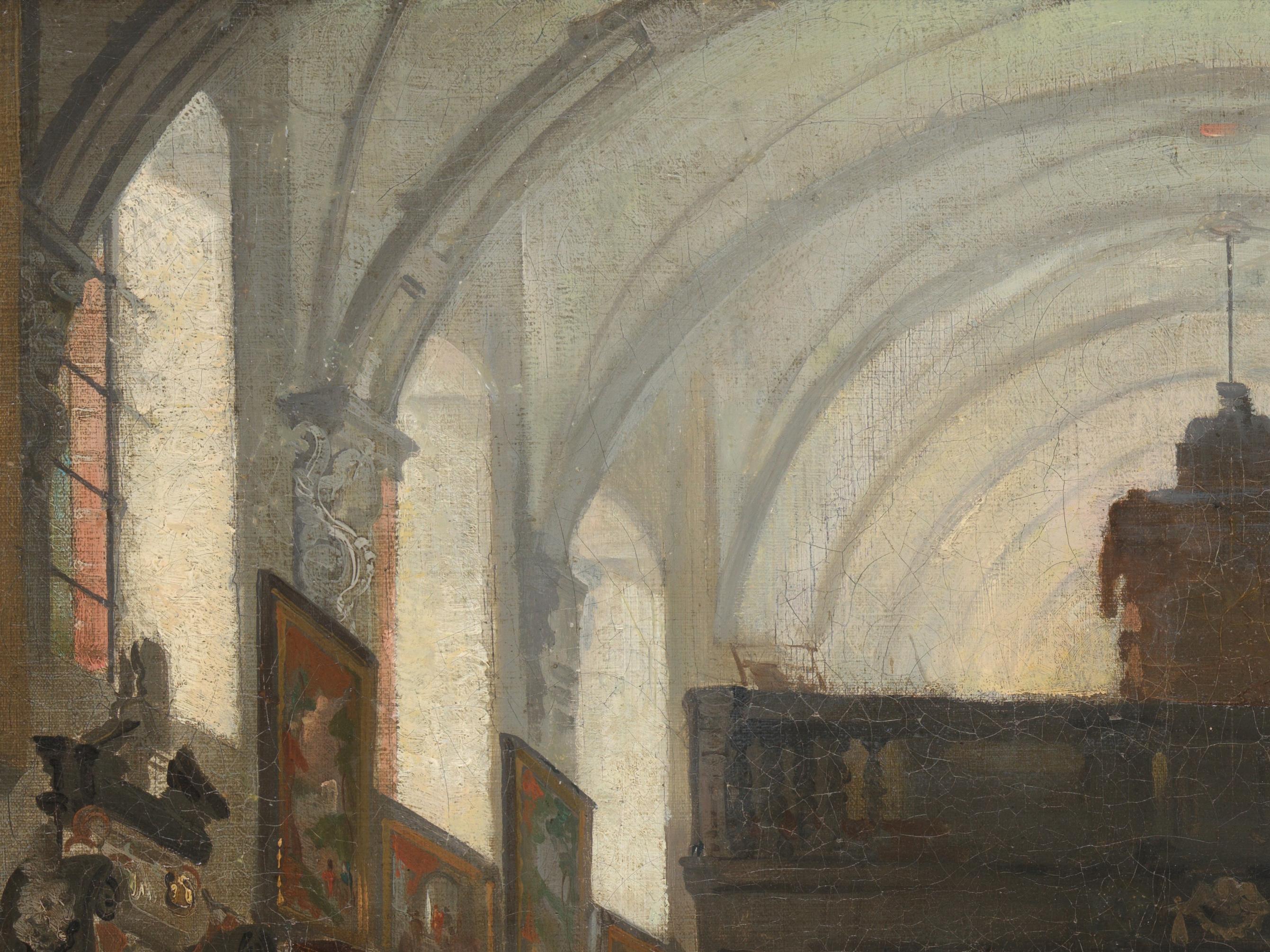 A 17th century Flemish painting of a church interior. The high arches of the church ceiling are painted in light grey and become less clear as they become more distant, the spots where the sun hits the ceiling are painted with a yellowish undertone.