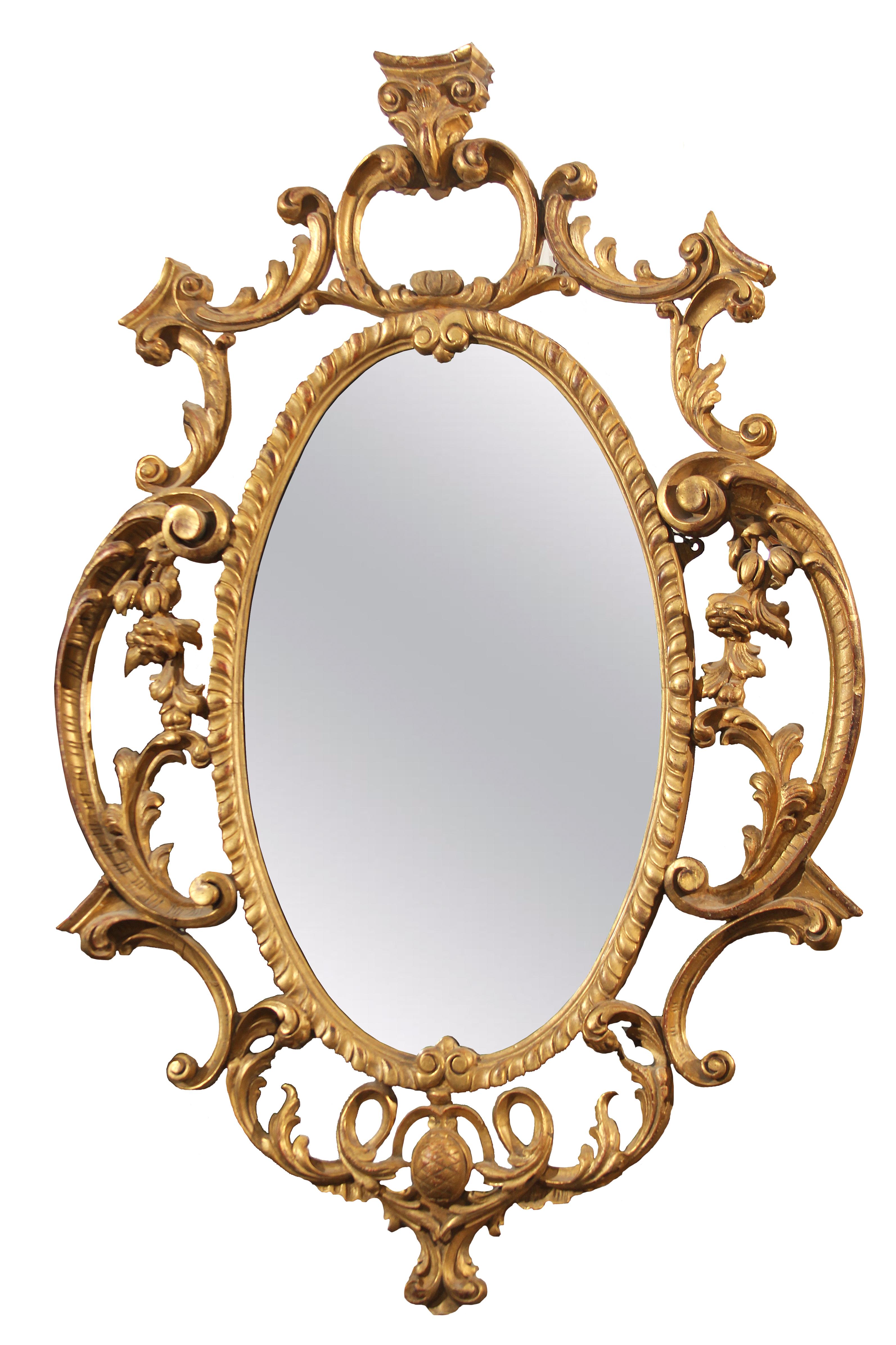 Large oval carved wood and gilt frame mirror. Ornate hand carving with lovely distressed mirror.