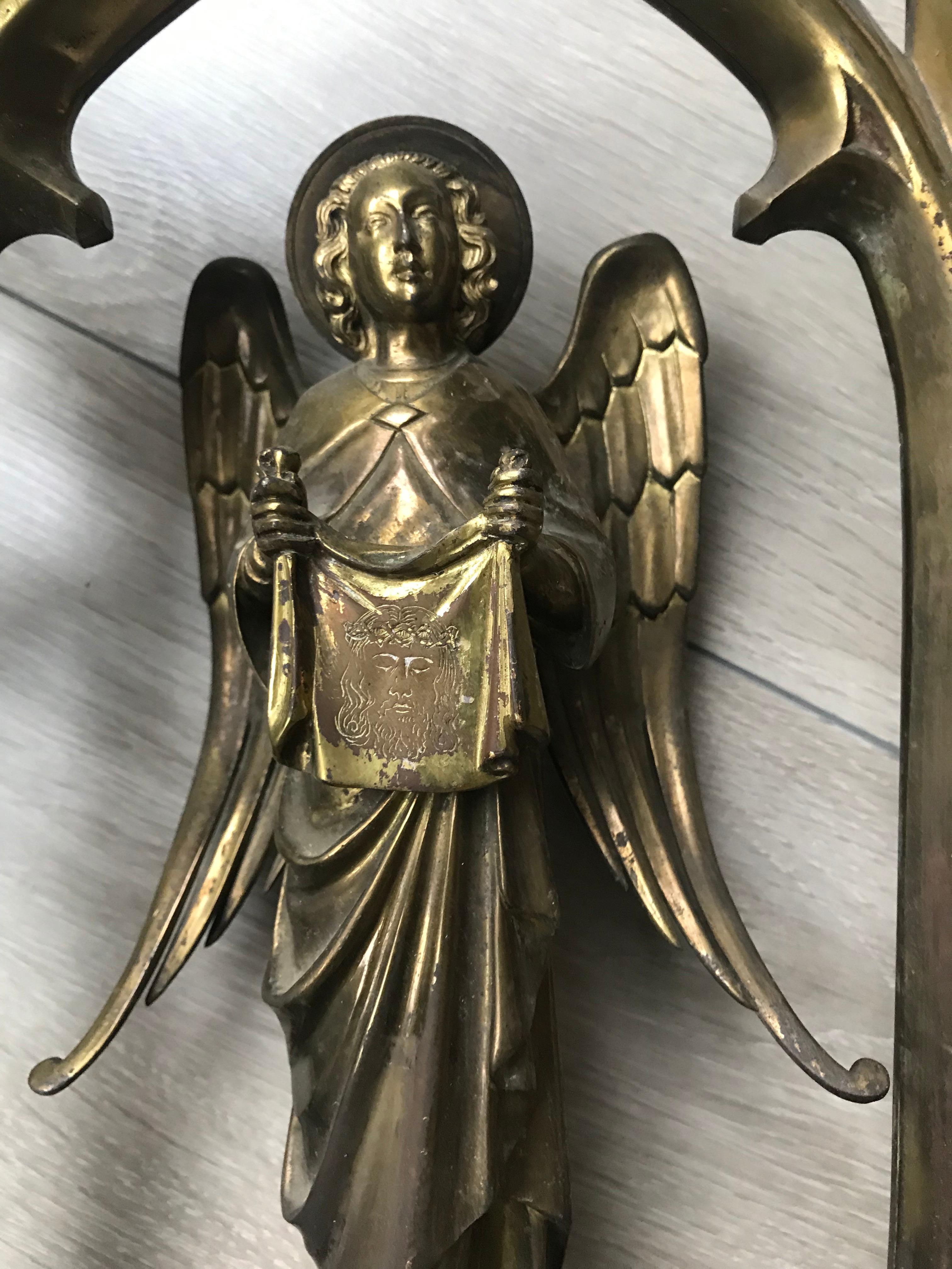 Late 1800 Bronze Window Frame Winged Angel Sculpture Presenting Veronica's Veil 5