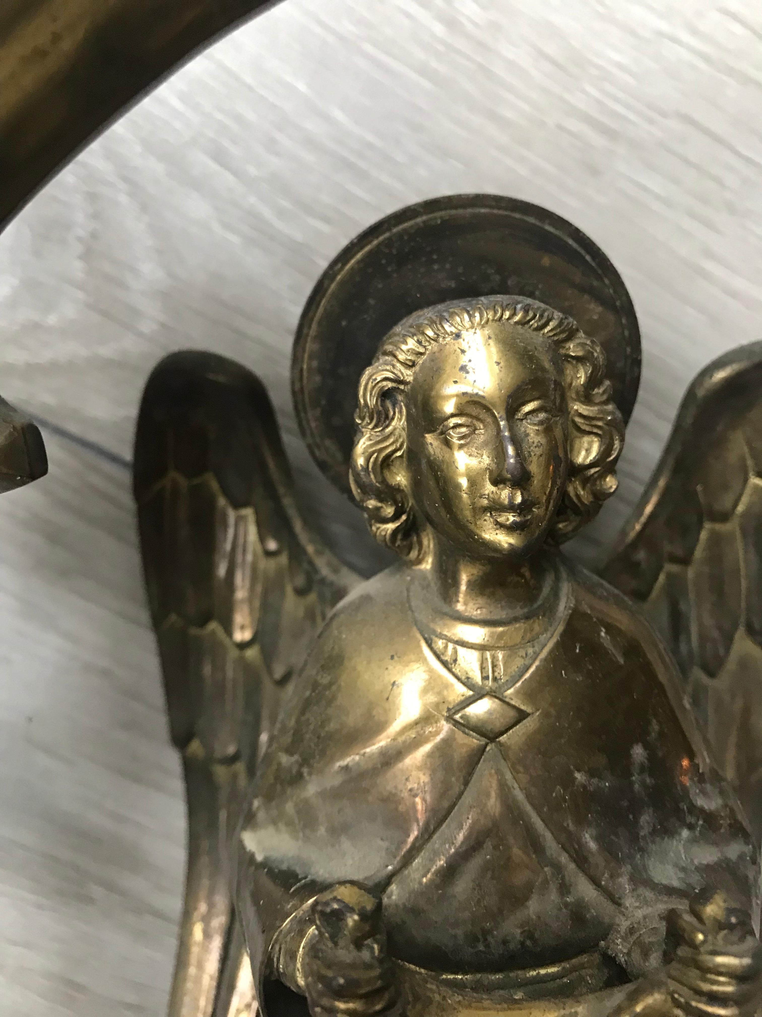 Late 1800 Bronze Window Frame Winged Angel Sculpture Presenting Veronica's Veil 6