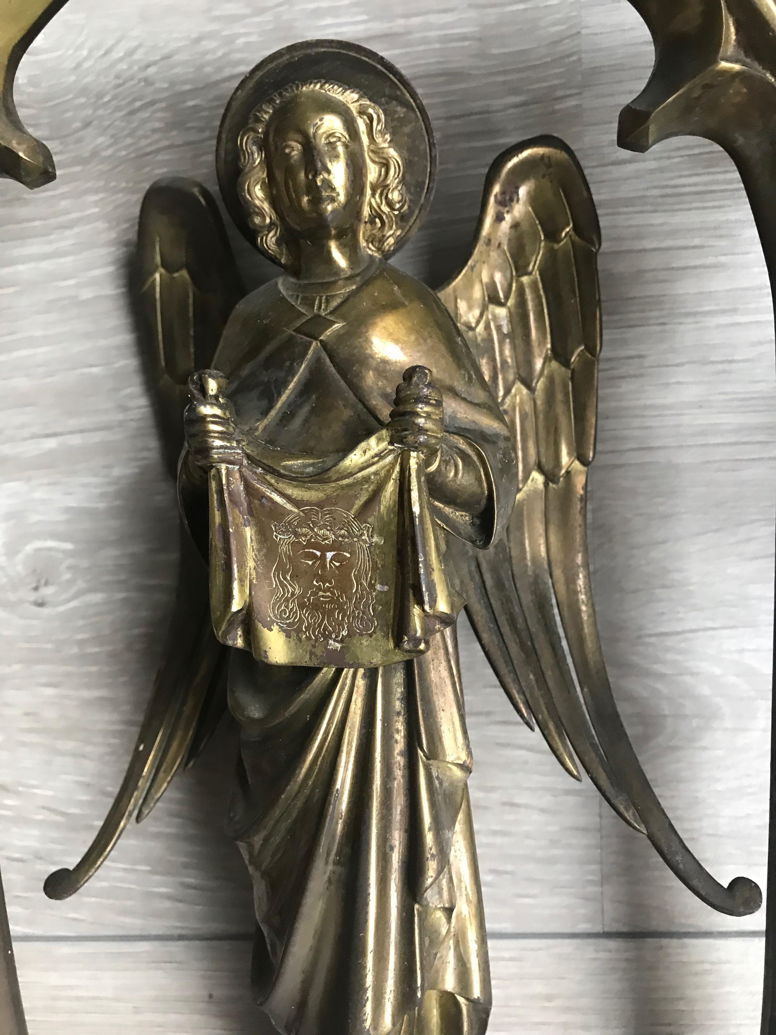 Late 1800 Bronze Window Frame Winged Angel Sculpture Presenting Veronica's Veil 7