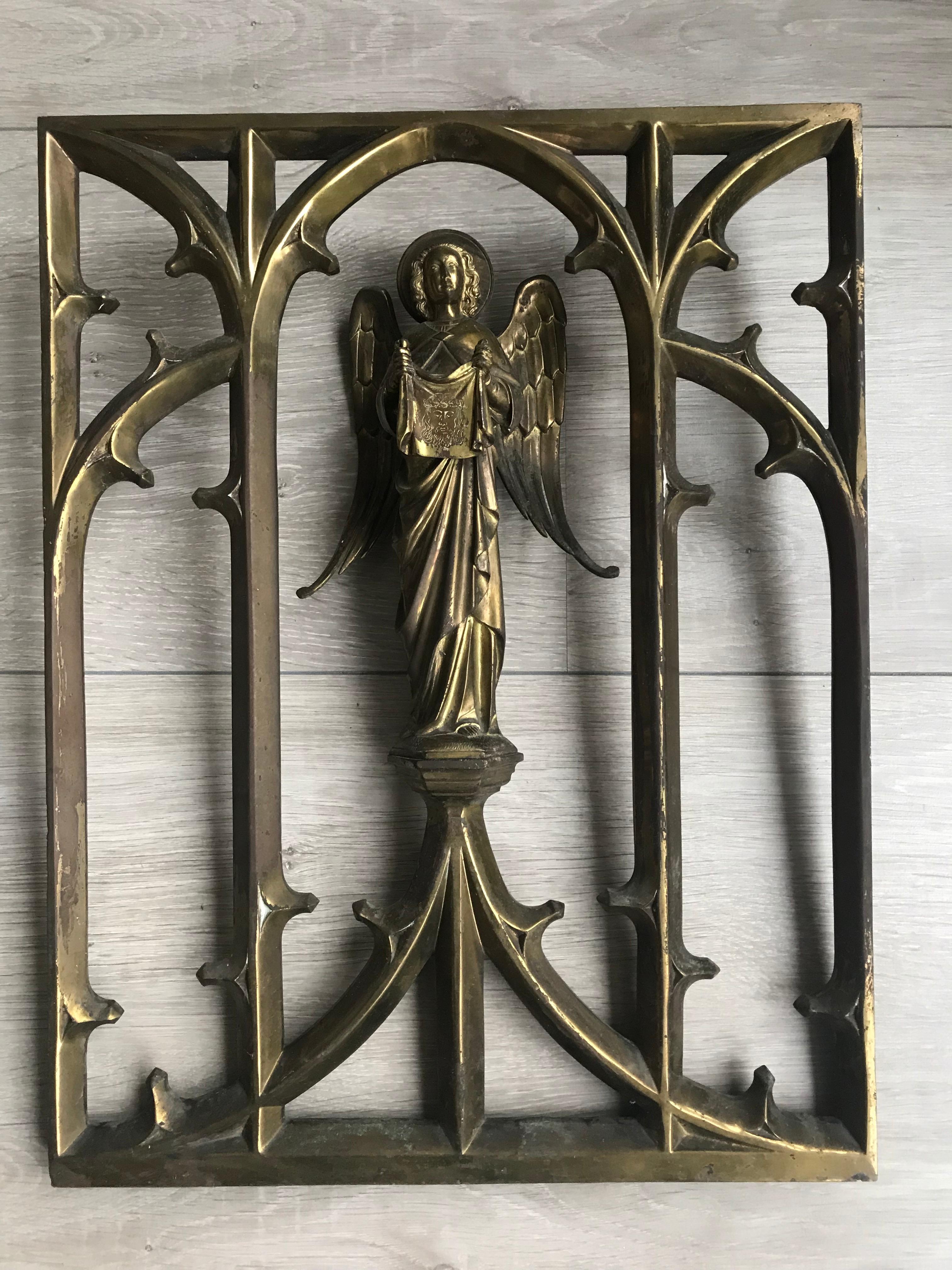 Late 1800 Bronze Window Frame Winged Angel Sculpture Presenting Veronica's Veil 9
