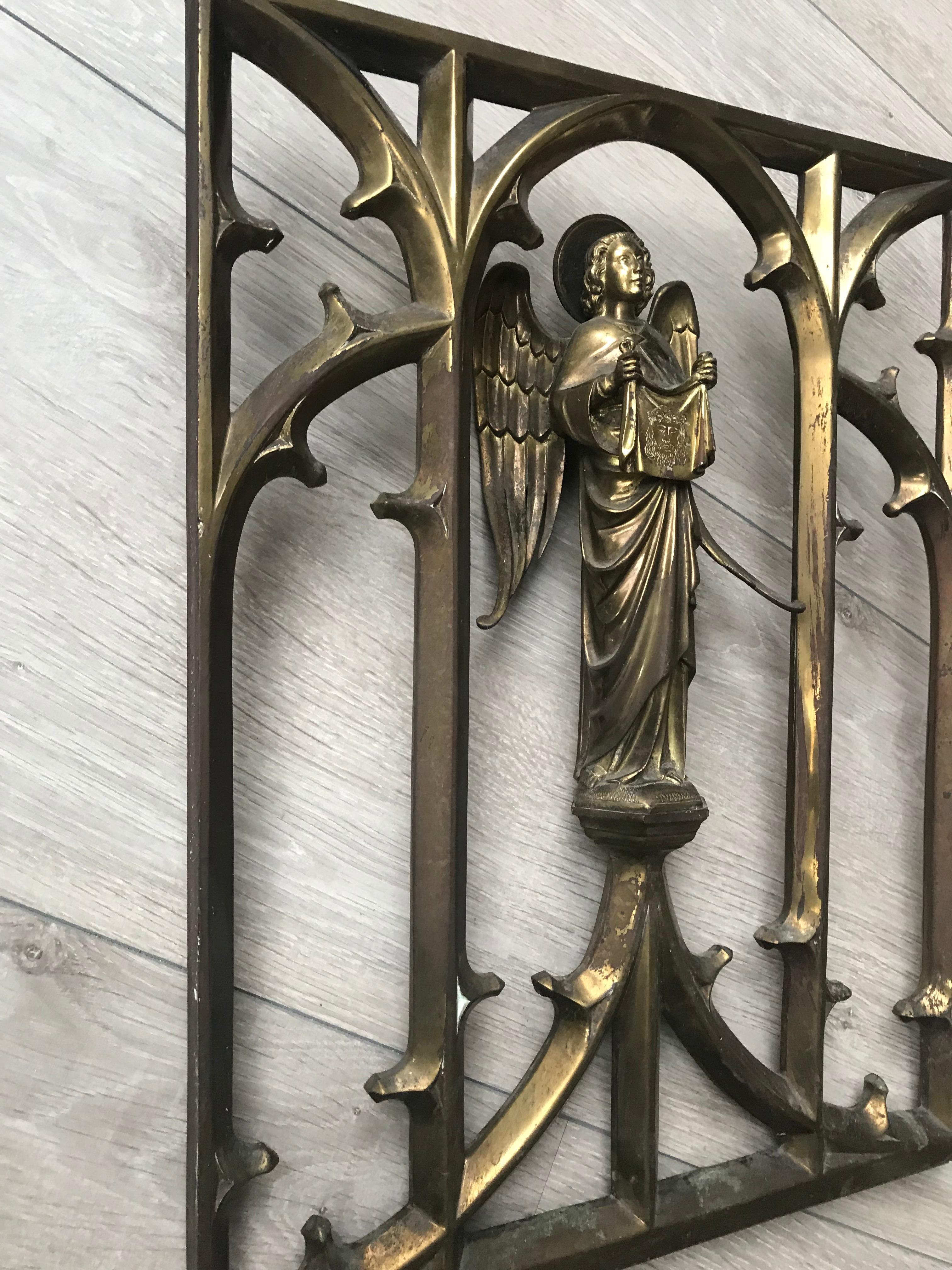 Gothic Revival Late 1800 Bronze Window Frame Winged Angel Sculpture Presenting Veronica's Veil
