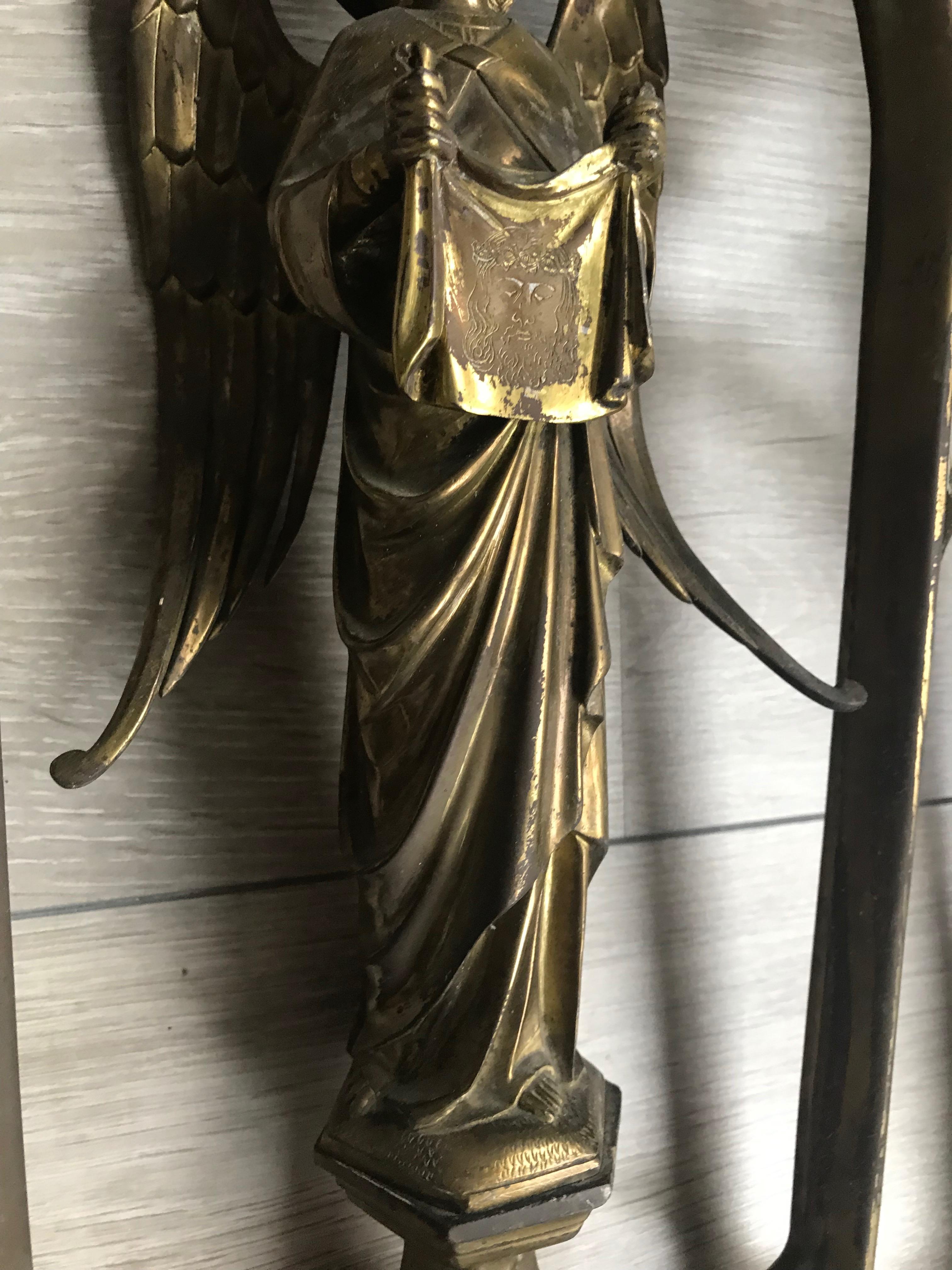 Cast Late 1800 Bronze Window Frame Winged Angel Sculpture Presenting Veronica's Veil