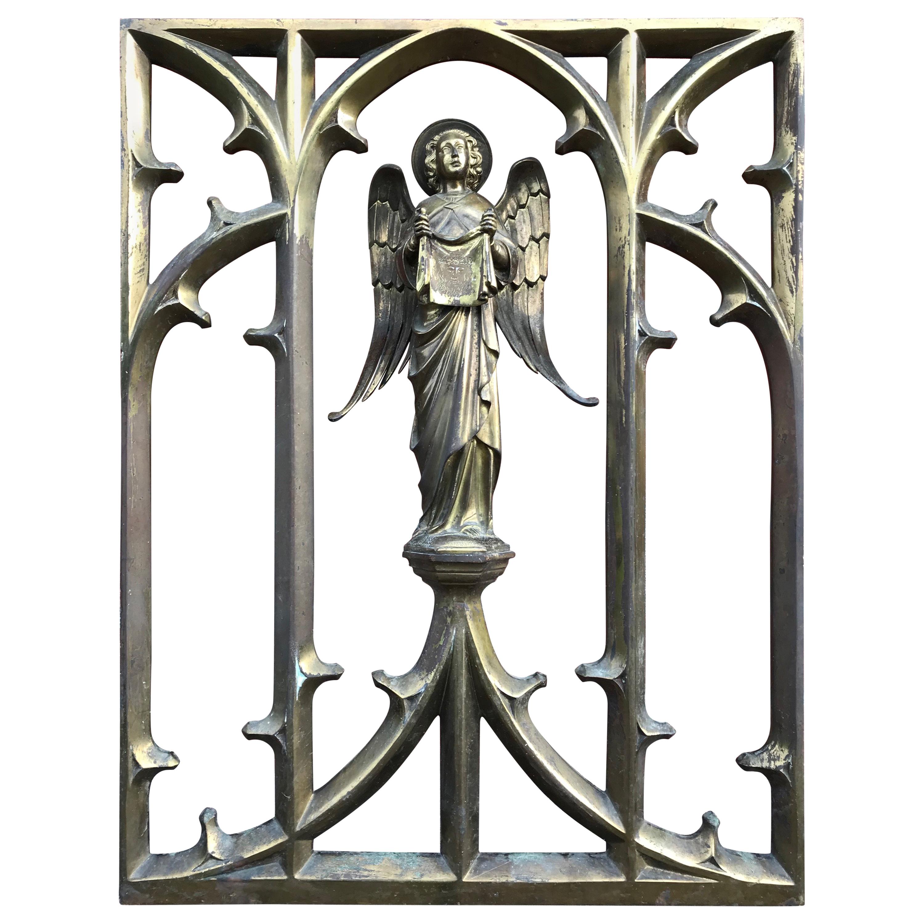 Late 1800 Bronze Window Frame Winged Angel Sculpture Presenting Veronica's Veil