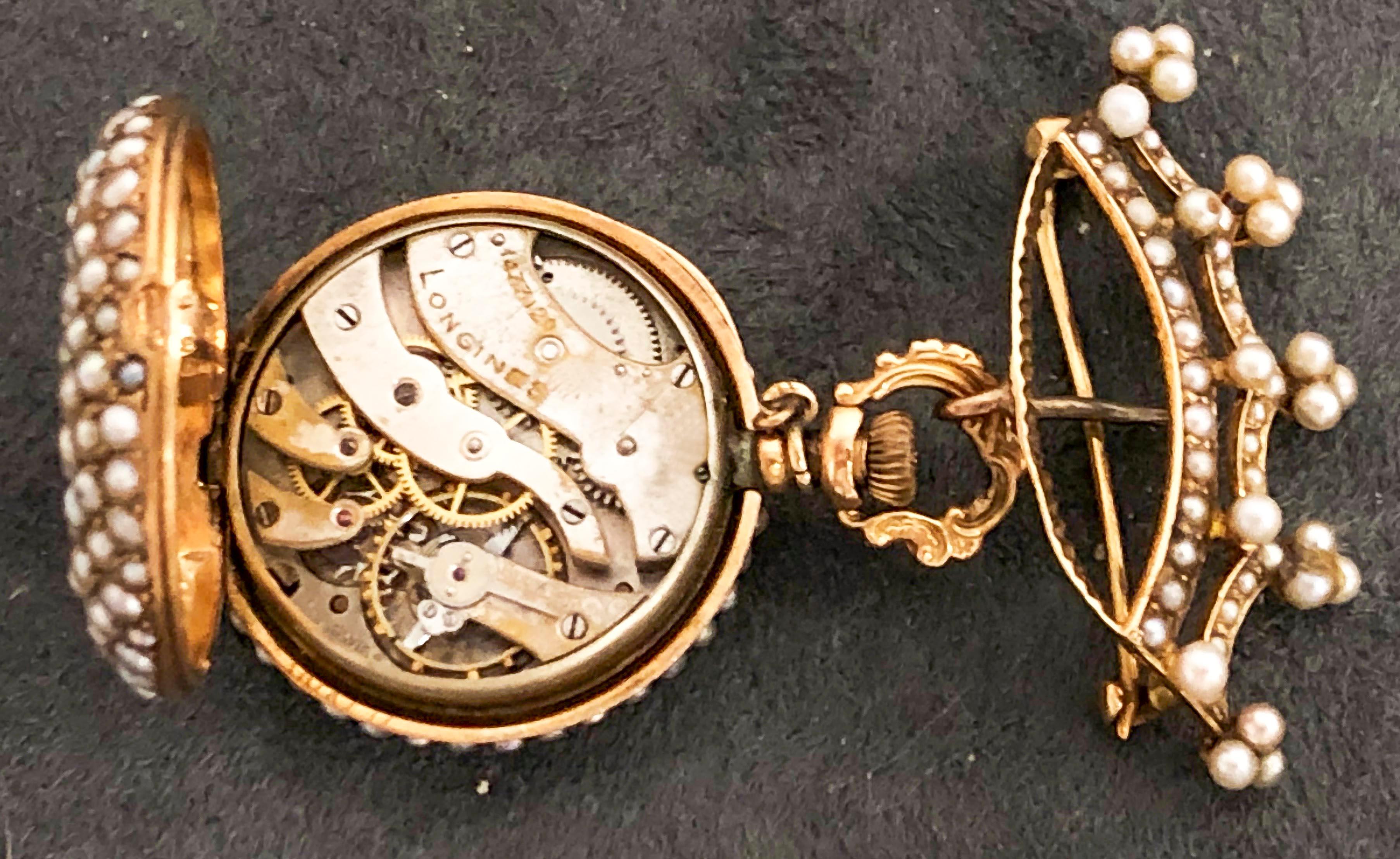 Late 1800s 14 Karat Gold Longines Pearl Set Crown Lapel Pin Pendant Brooch Watch For Sale 9