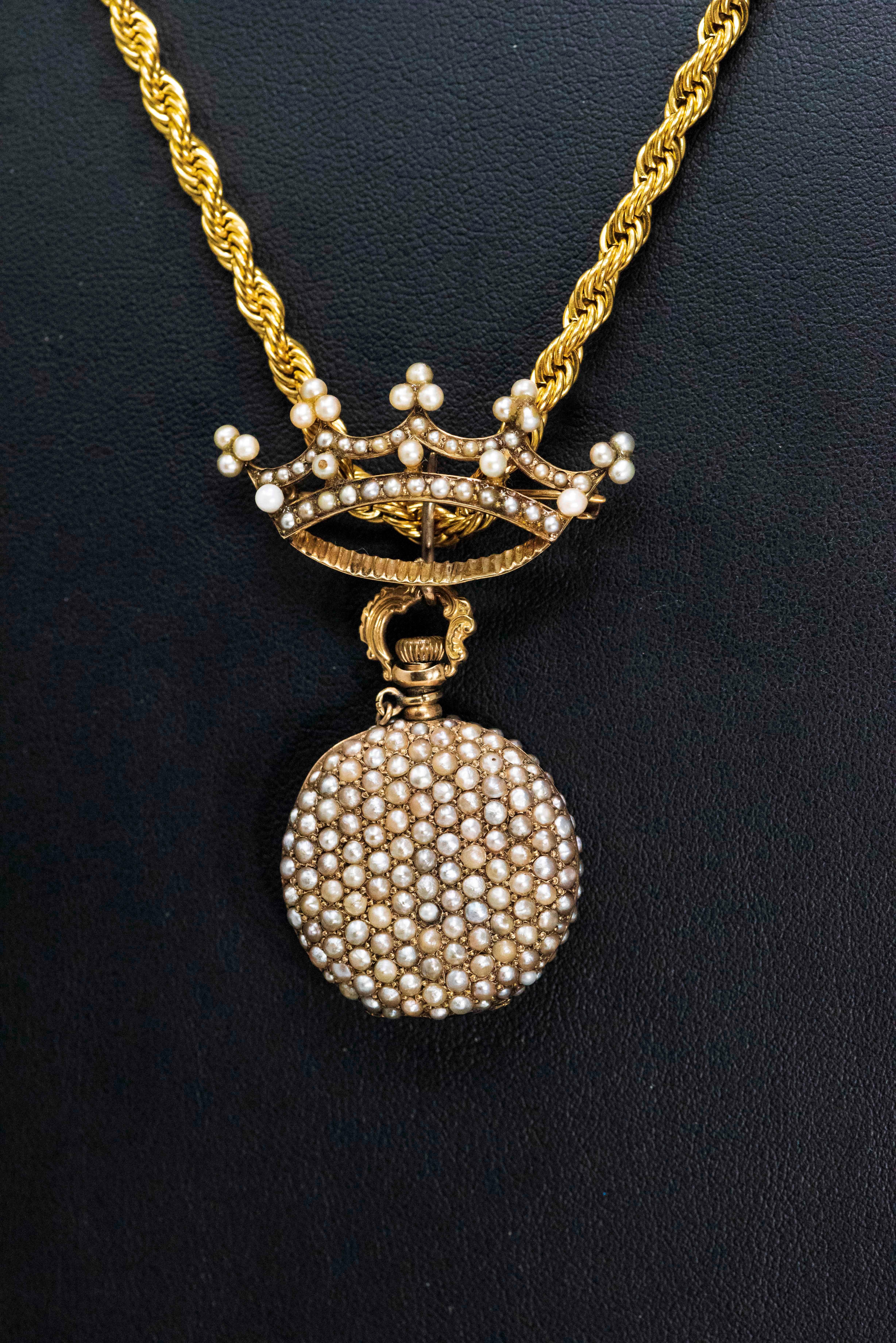 Belle Époque Late 1800s 14 Karat Gold Longines Pearl Set Crown Lapel Pin Pendant Brooch Watch For Sale