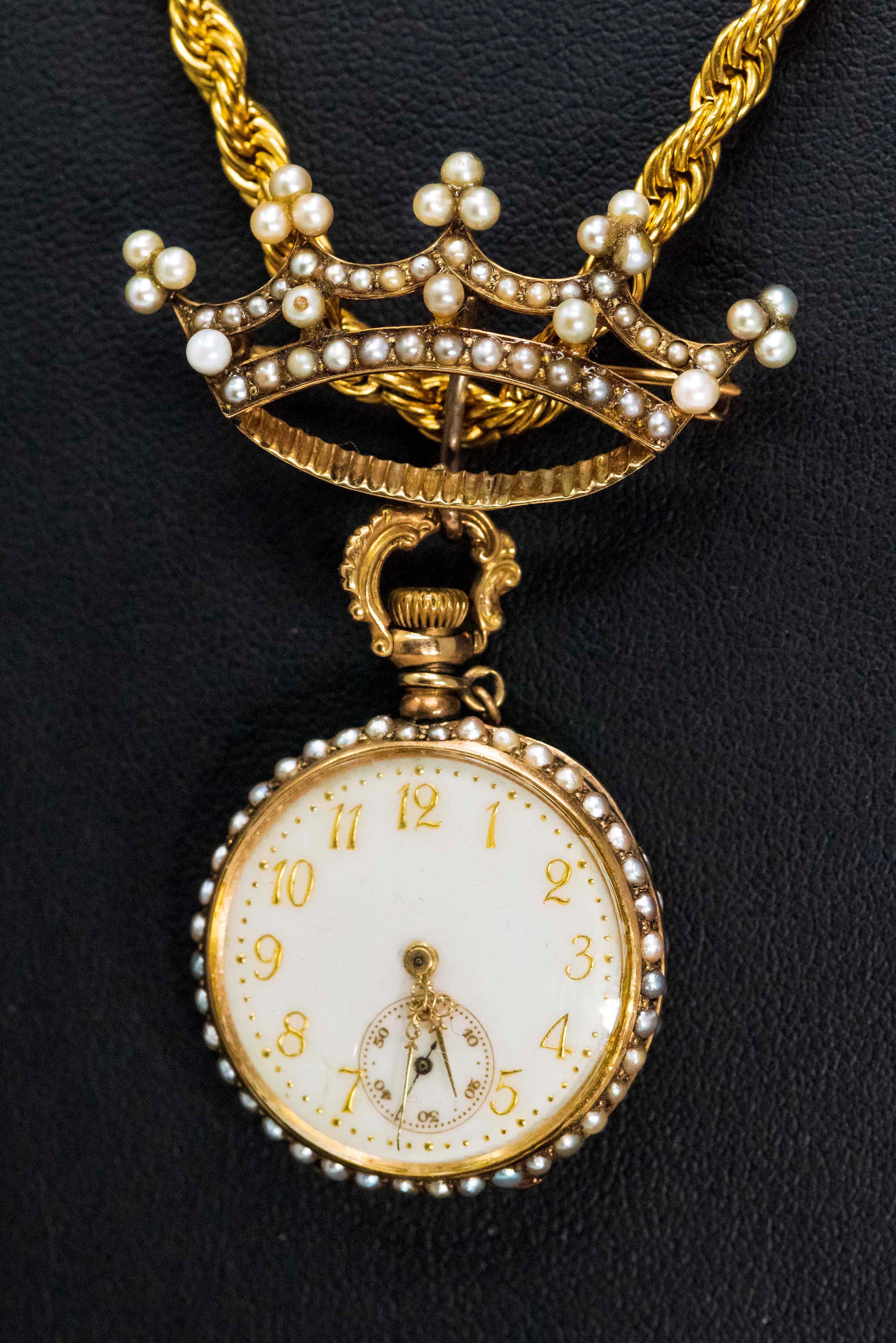 Women's or Men's Late 1800s 14 Karat Gold Longines Pearl Set Crown Lapel Pin Pendant Brooch Watch For Sale