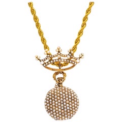 Late 1800s 14 Karat Gold Longines Pearl Set Crown Lapel Pin Pendant Brooch Watch