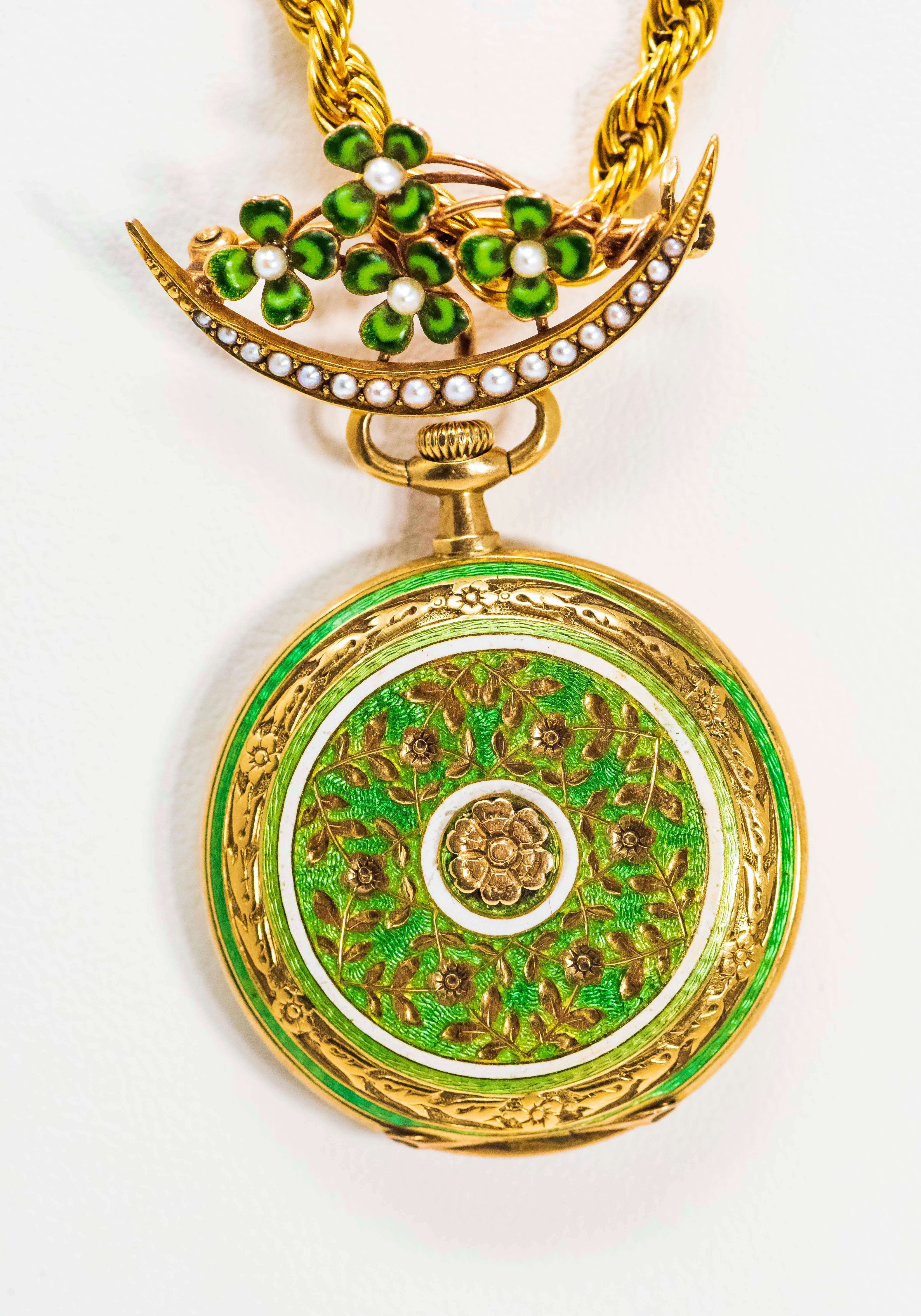 Late 1800s 18 Karat Longines Pearl Enamel Flower Lapel Pin Pendant Brooch Watch For Sale 3
