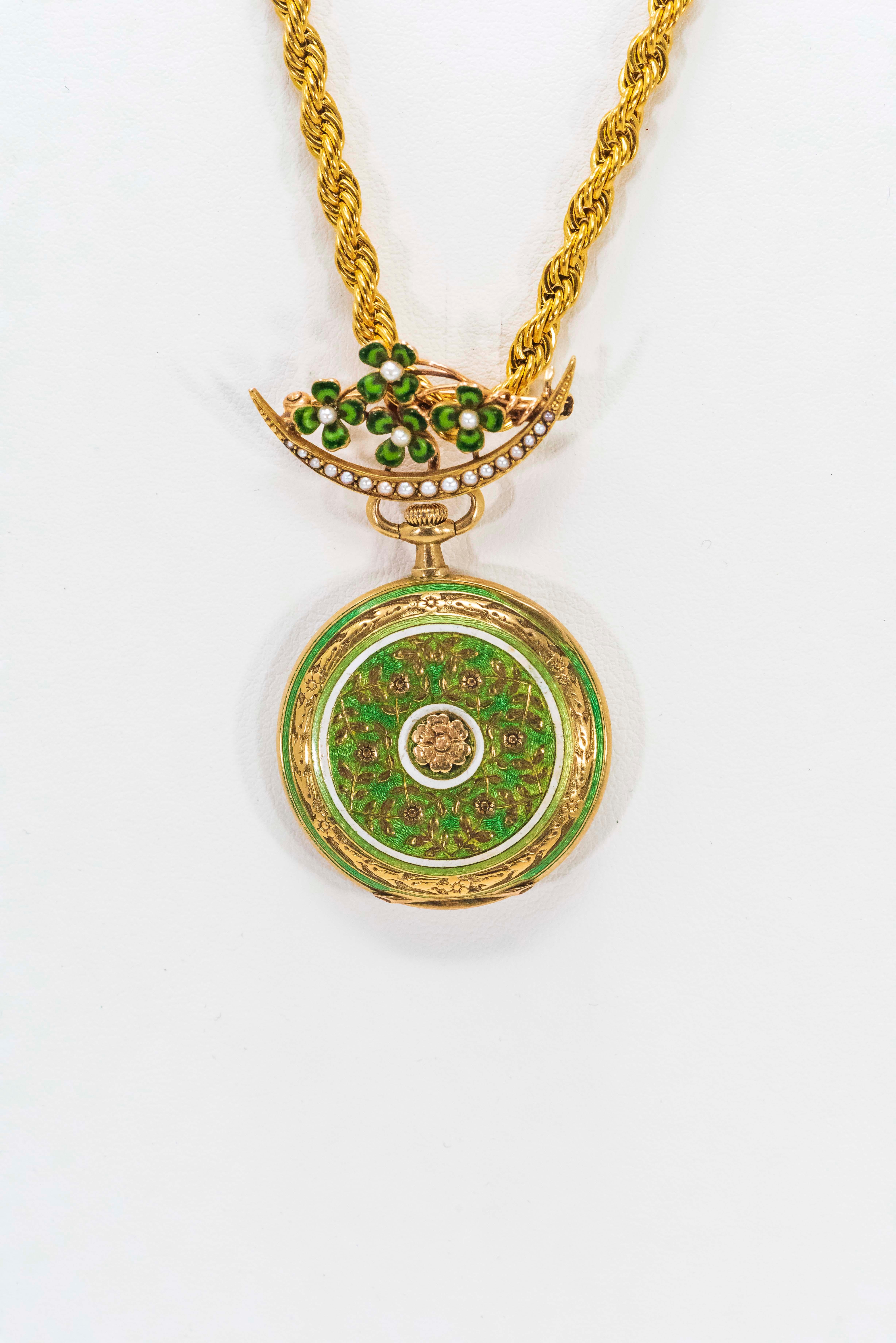 Late 1800s 18 Karat Longines Pearl Enamel Flower Lapel Pin Pendant Brooch Watch For Sale 4