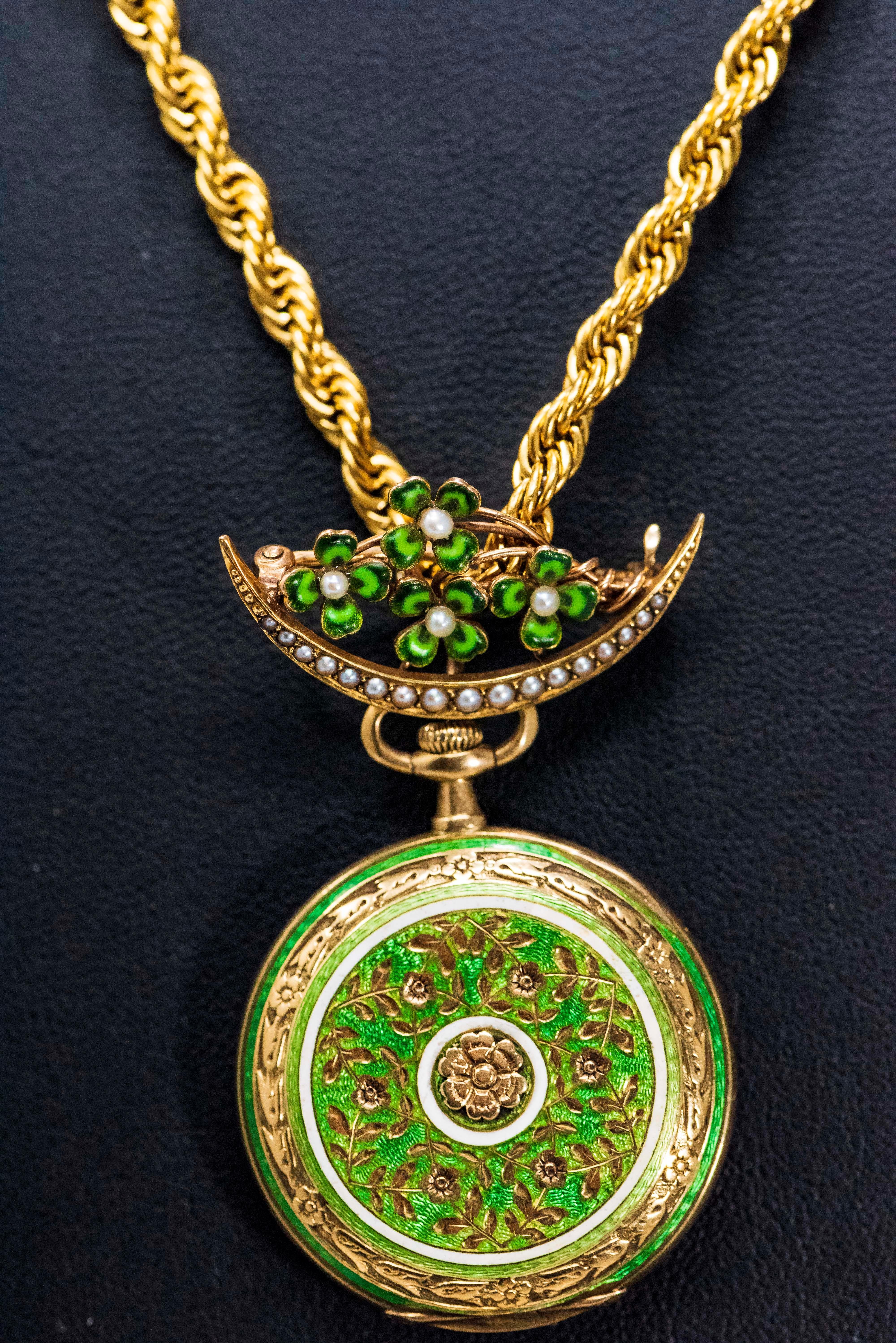 Belle Époque Late 1800s 18 Karat Longines Pearl Enamel Flower Lapel Pin Pendant Brooch Watch For Sale