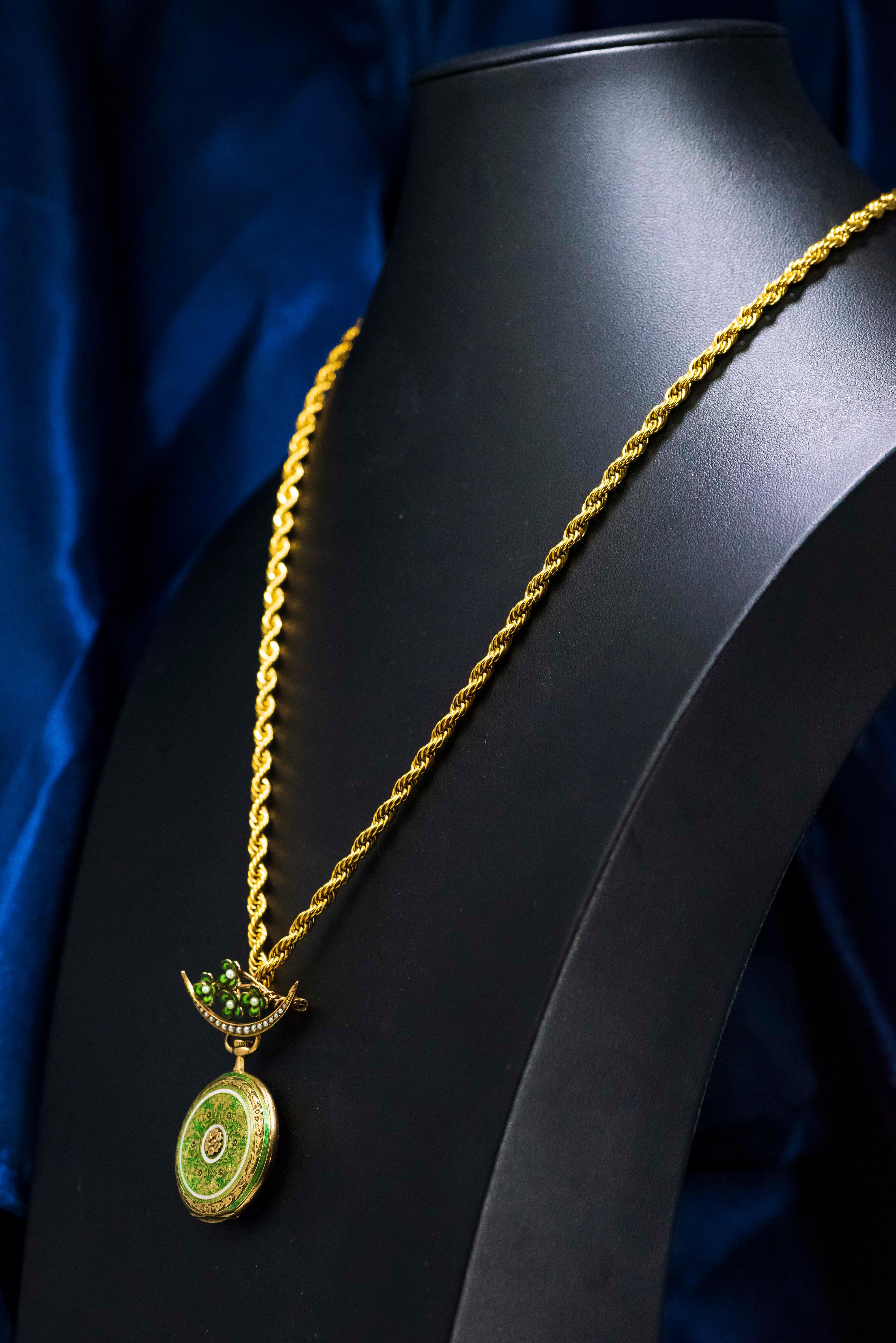 Women's or Men's Late 1800s 18 Karat Longines Pearl Enamel Flower Lapel Pin Pendant Brooch Watch For Sale