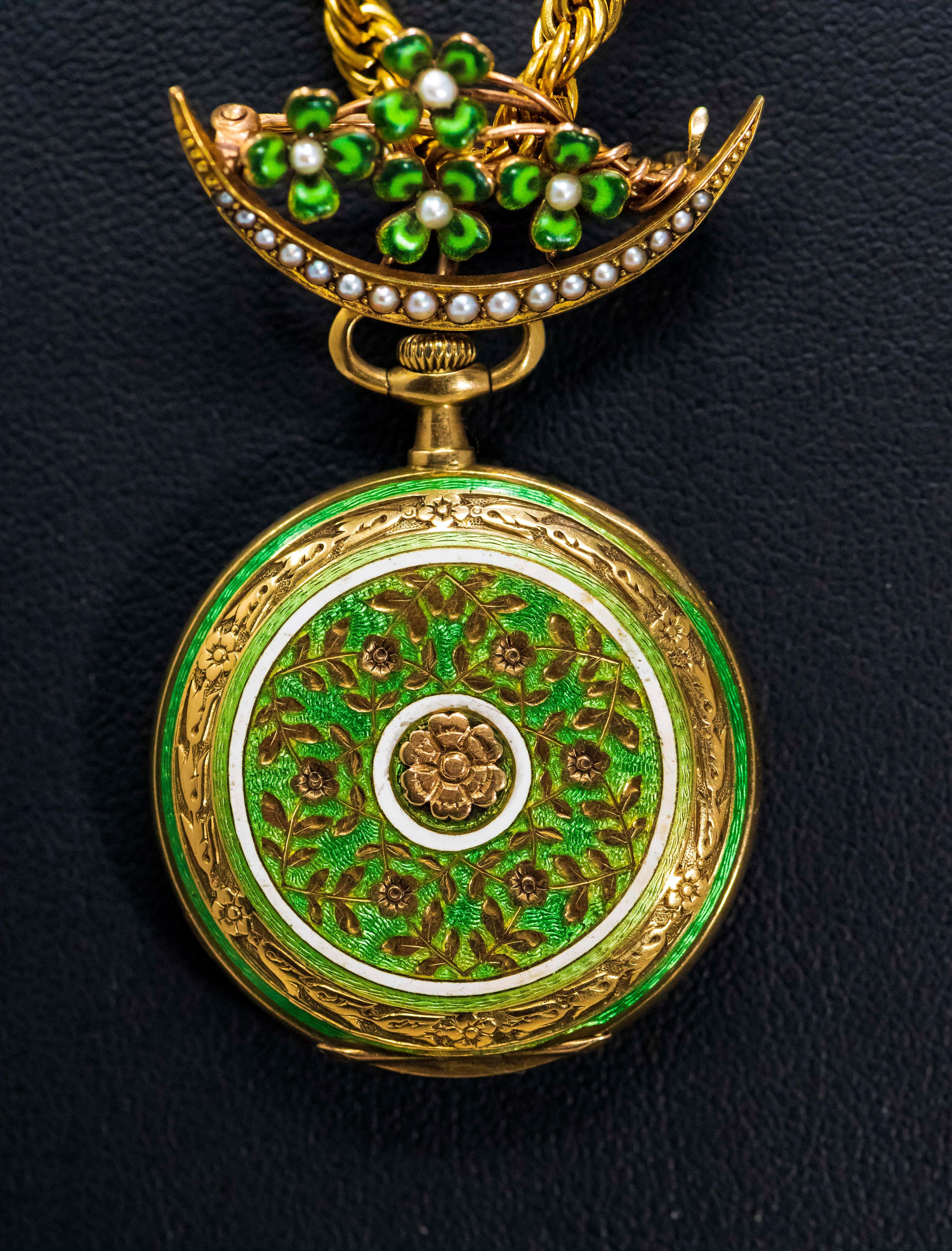 Late 1800s 18 Karat Longines Pearl Enamel Flower Lapel Pin Pendant Brooch Watch For Sale 1