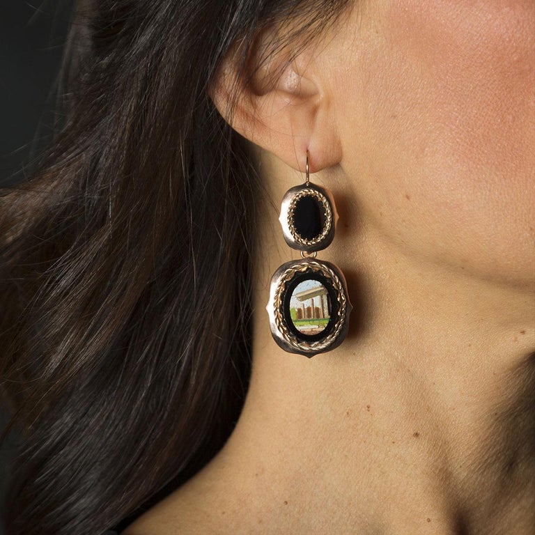 Late 1800s 9 Kt Gold Earrings with Roman Micromosaic and Black