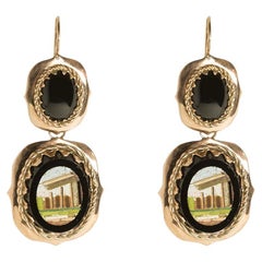 Antique Late 1800s 9 Kt Gold Earrings with Roman Micromosaic and Black Cabouchon