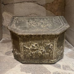 Late 1800s Antique Firewood Coal Wood Repousse Box Brass Panels