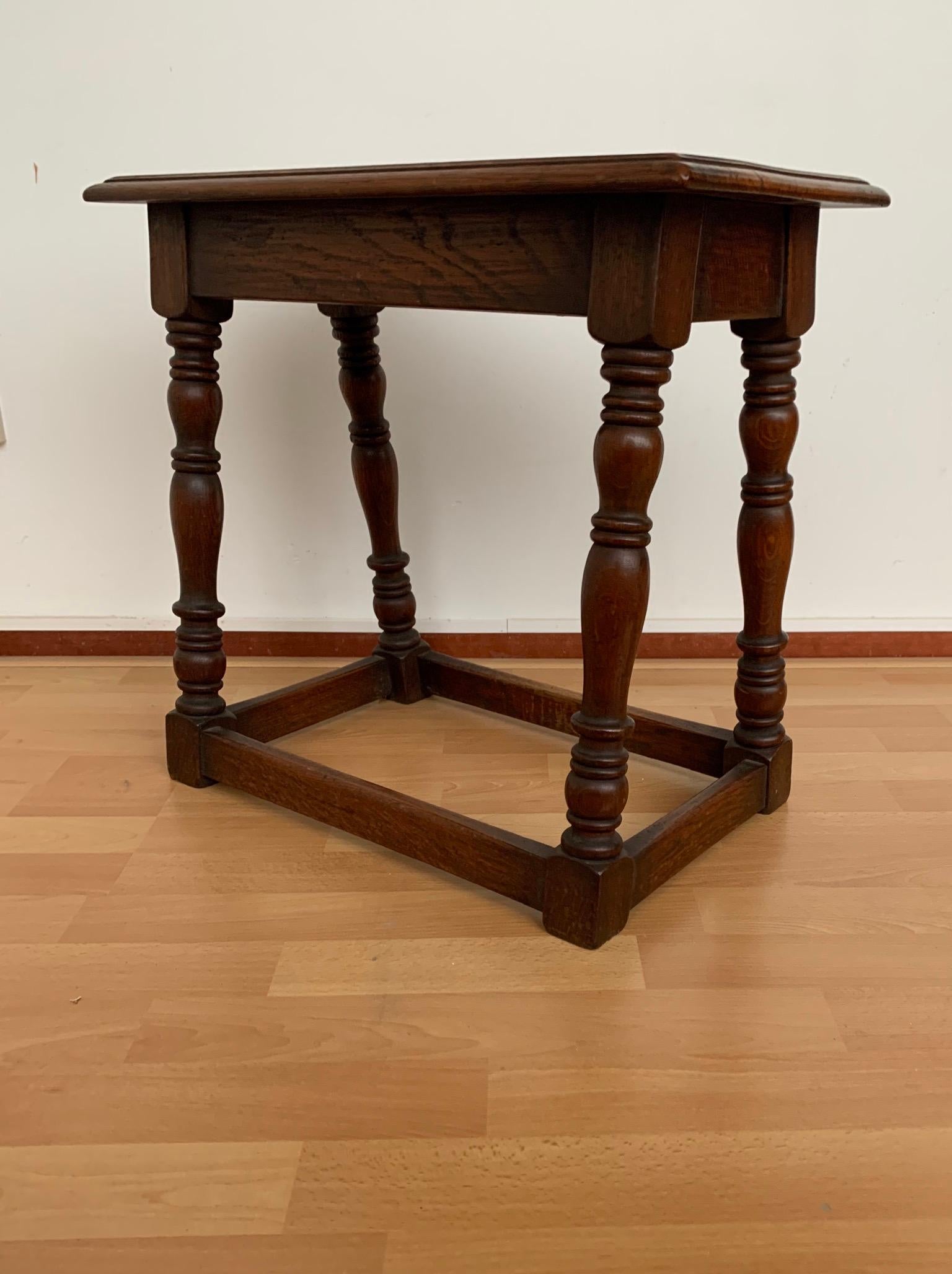 Solid oak joint stool, great shape and beautiful color.

This handcrafted joint stool seat is both rustic and stylish. It is an absolute joy to watch and to sit on. It is as stabile as the day it was handcrafted. In our longing for reliable and