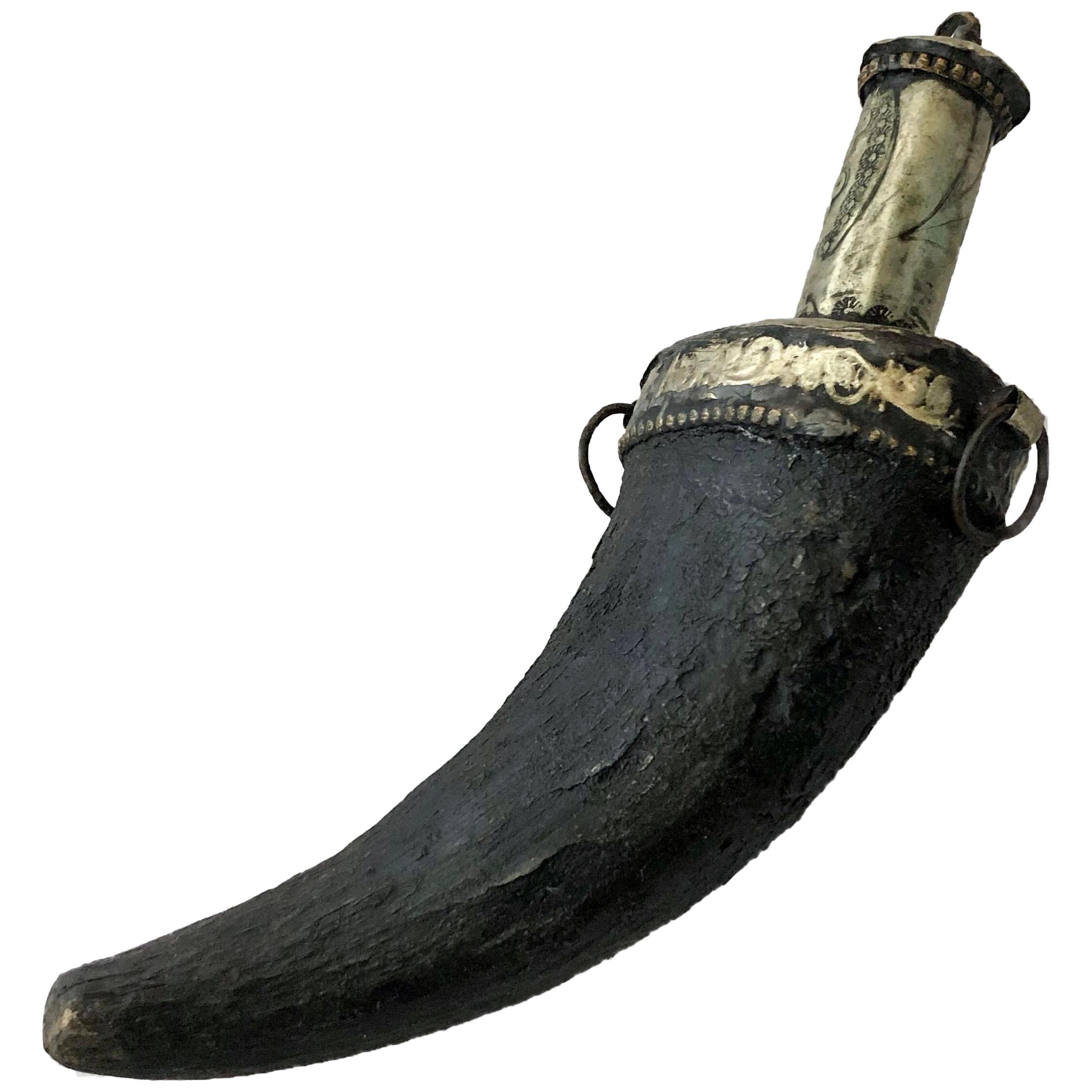 Late 1800s Antique Moroccan Powder Flask - Hand-Carved Gazelle Horn 
Silver For Sale