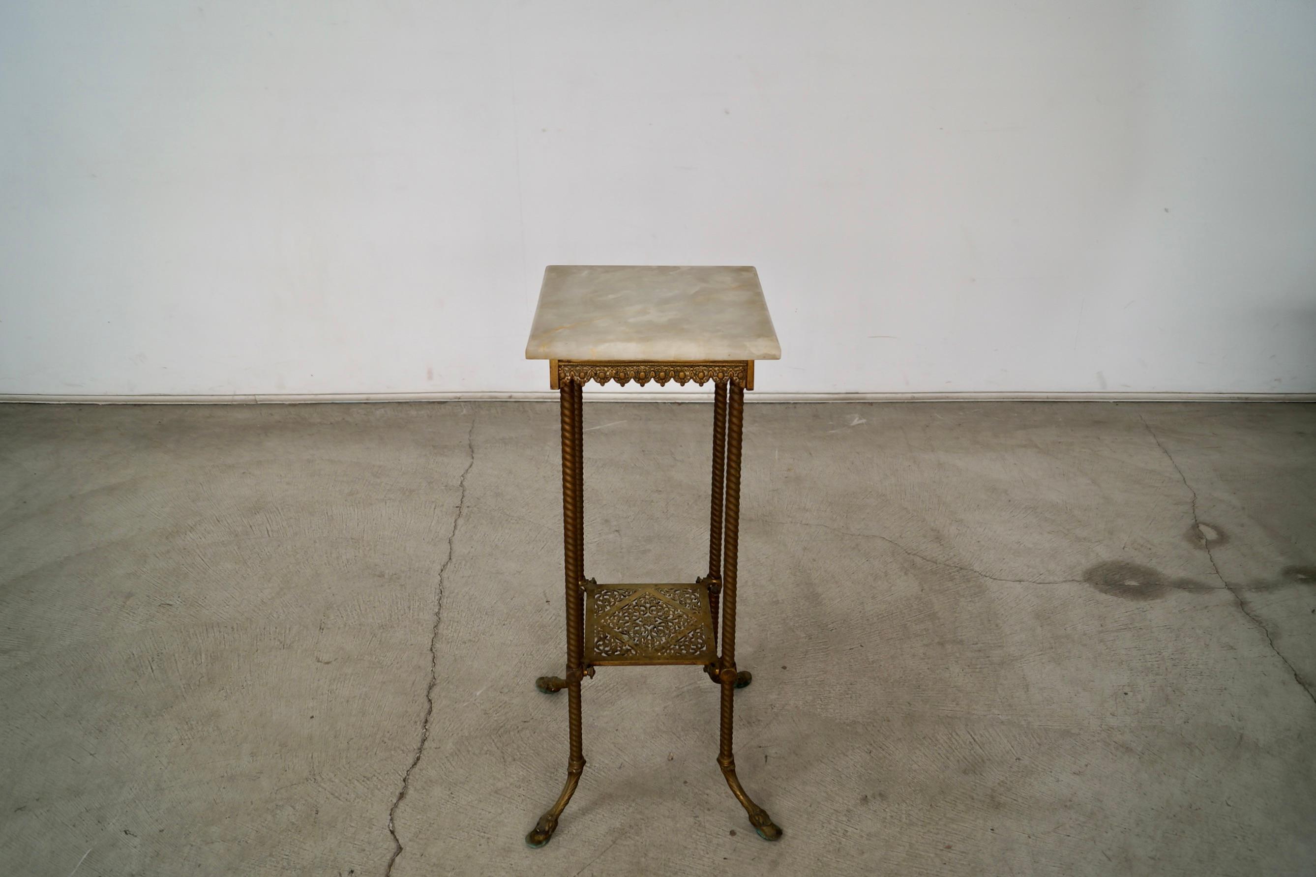 American Late 1800's Antique Victorian Hoof Footed Solid Brass & Onyx Stand Table