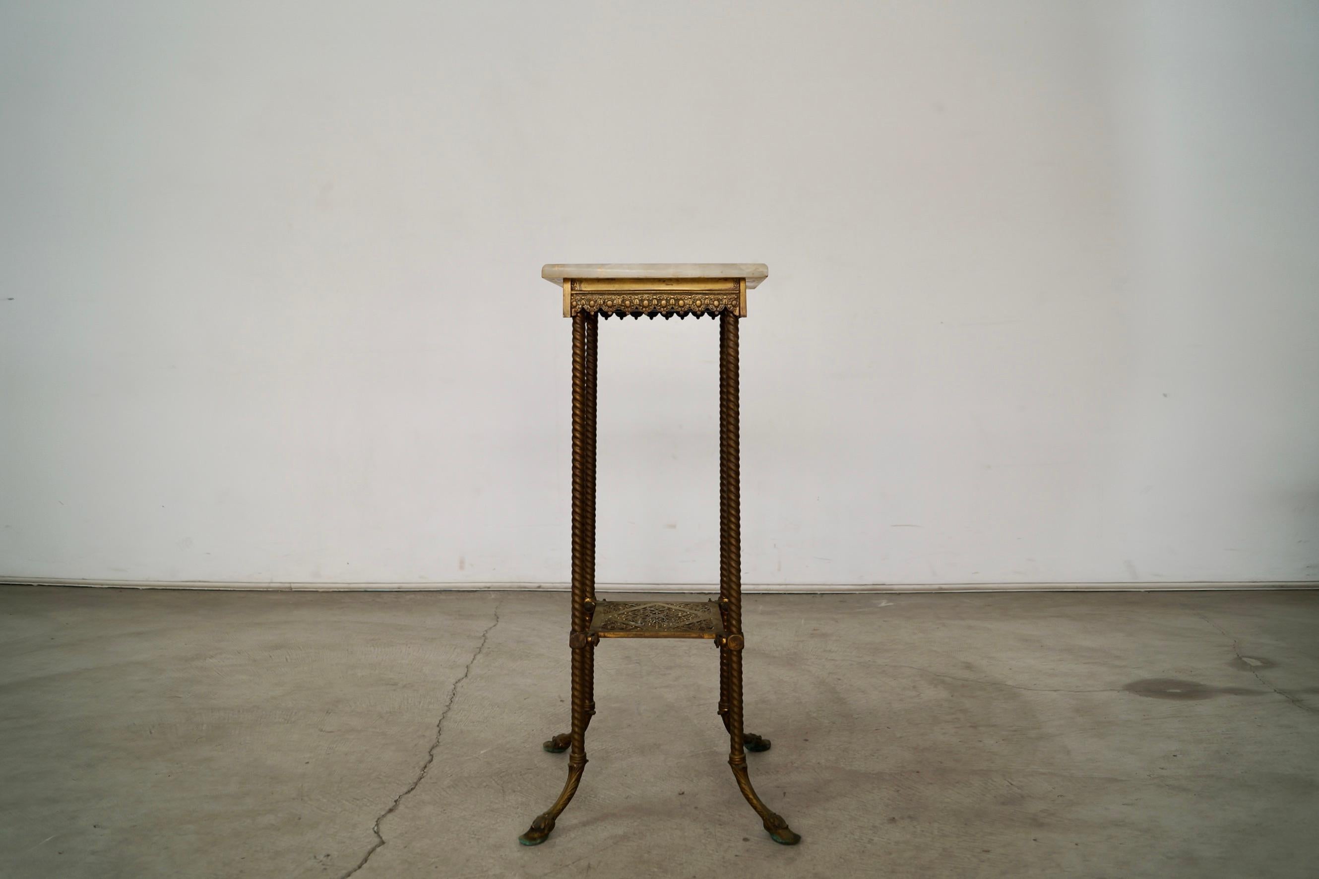 Late 1800's Antique Victorian Hoof Footed Solid Brass & Onyx Stand Table In Good Condition In Burbank, CA