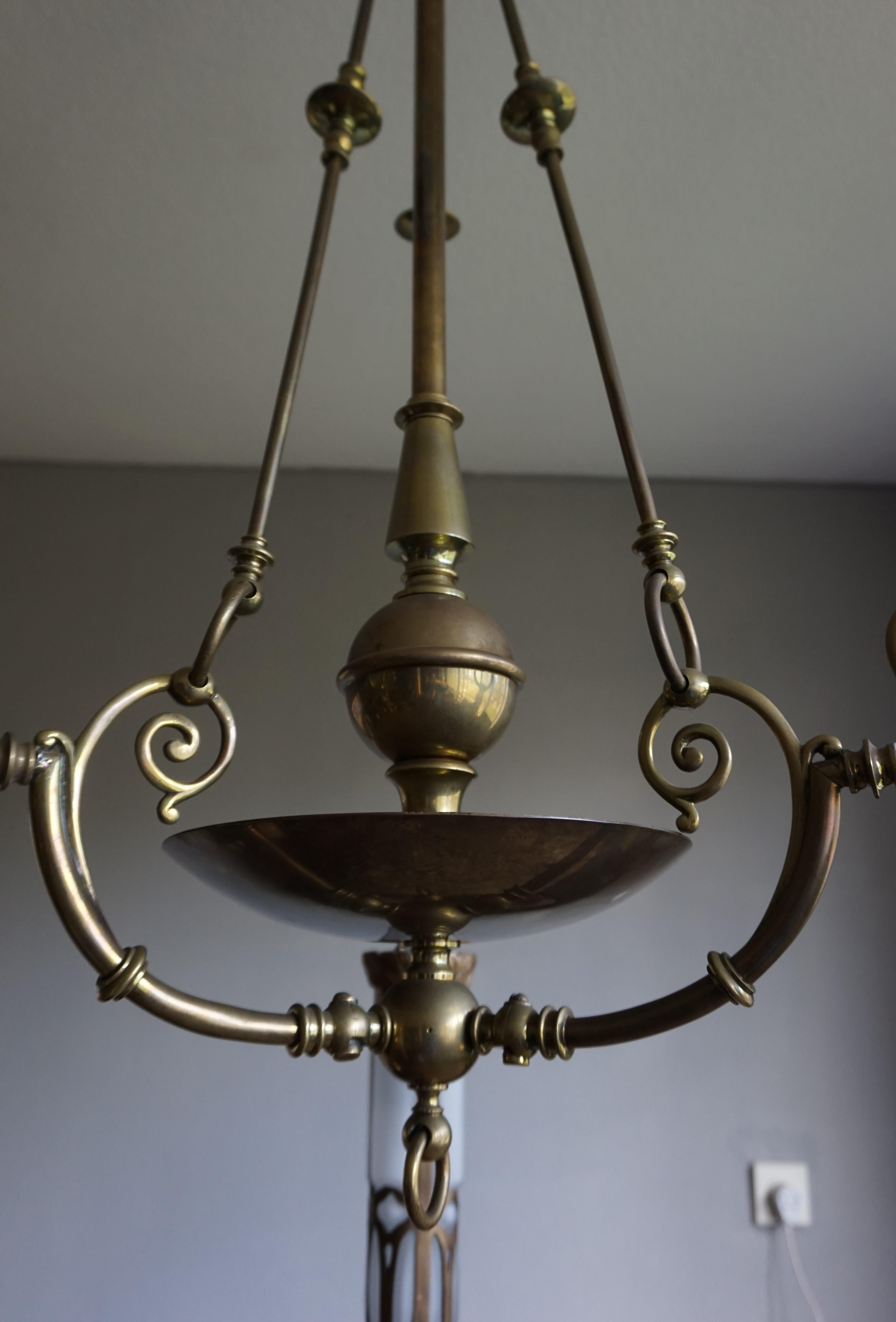 Late 1800s Arts & Crafts Brass Light Fixture with Later Bronze and Glass Shades 1