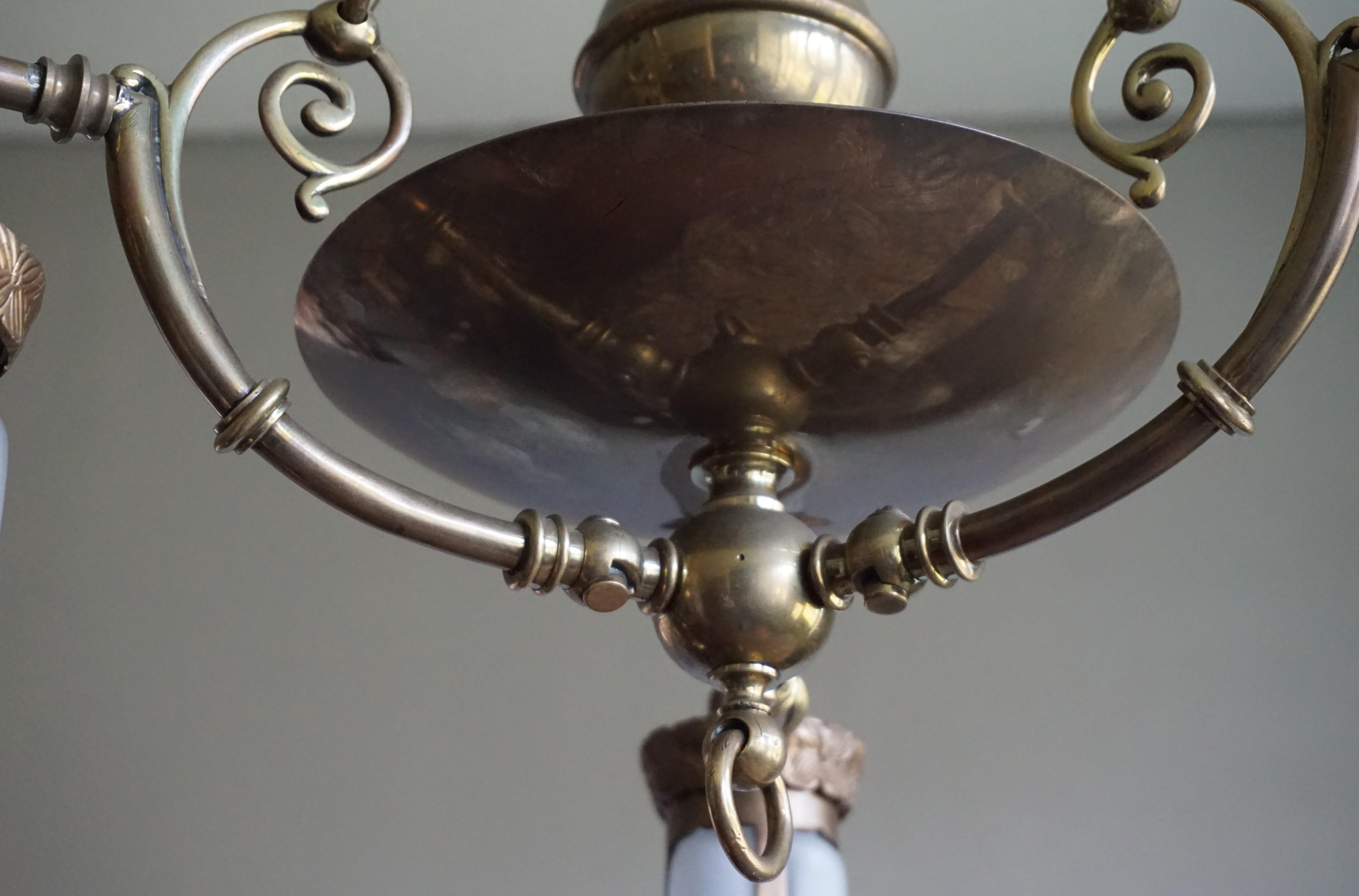 Late 1800s Arts & Crafts Brass Light Fixture with Later Bronze and Glass Shades 3