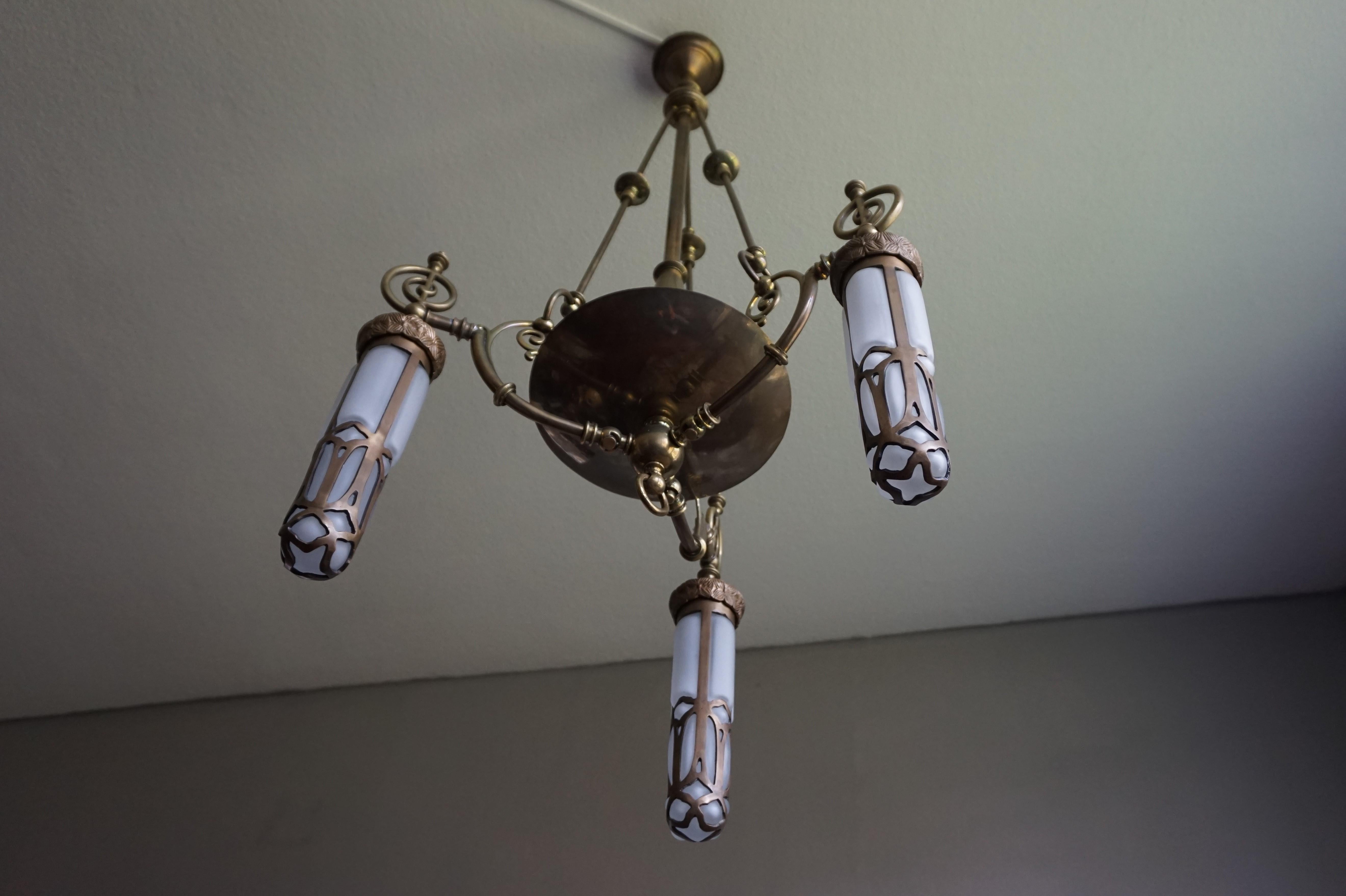 Late 1800s Arts & Crafts Brass Light Fixture with Later Bronze and Glass Shades 4