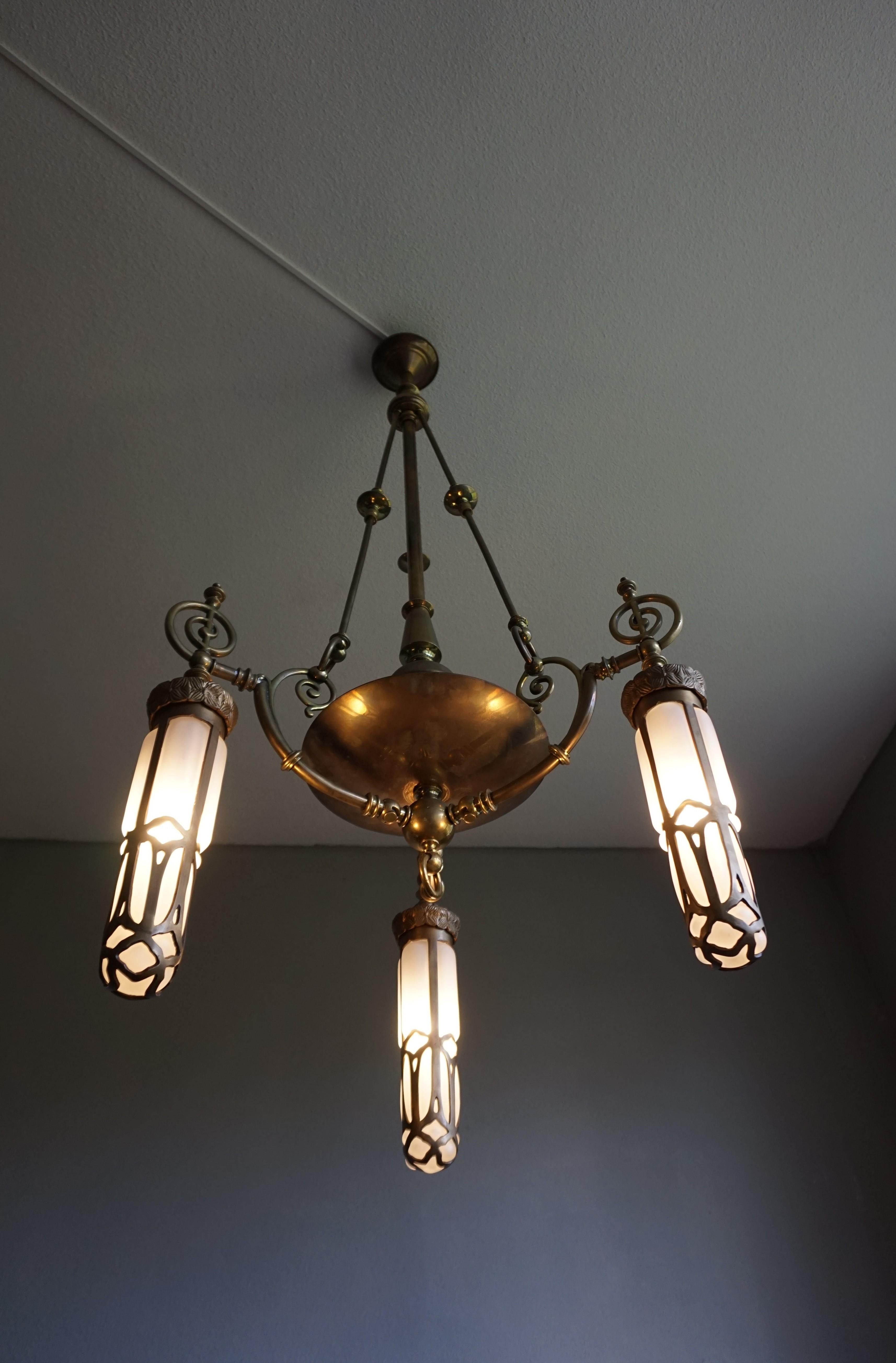Late 1800s Arts & Crafts Brass Light Fixture with Later Bronze and Glass Shades 5
