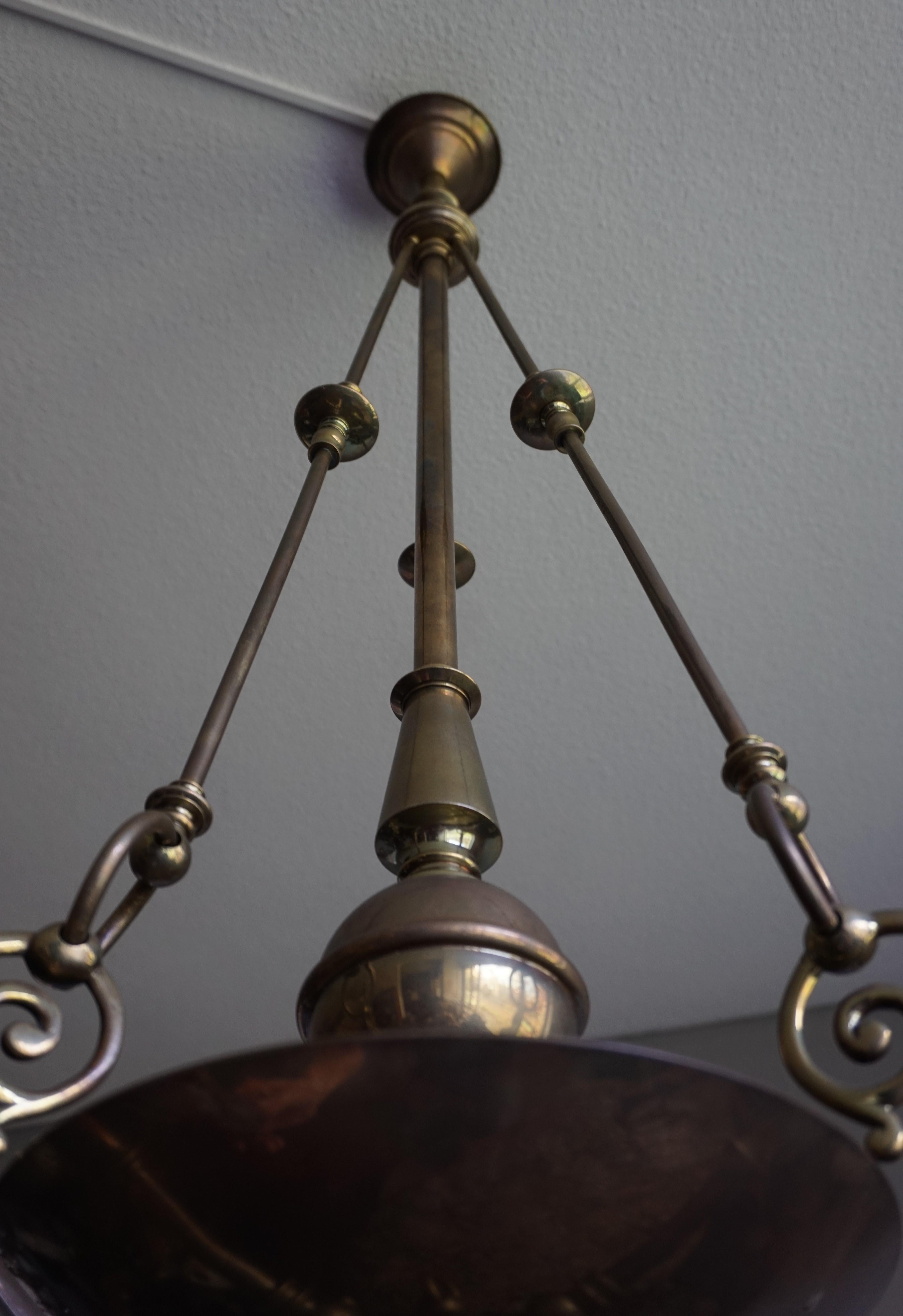 Late 1800s Arts & Crafts Brass Light Fixture with Later Bronze and Glass Shades 6