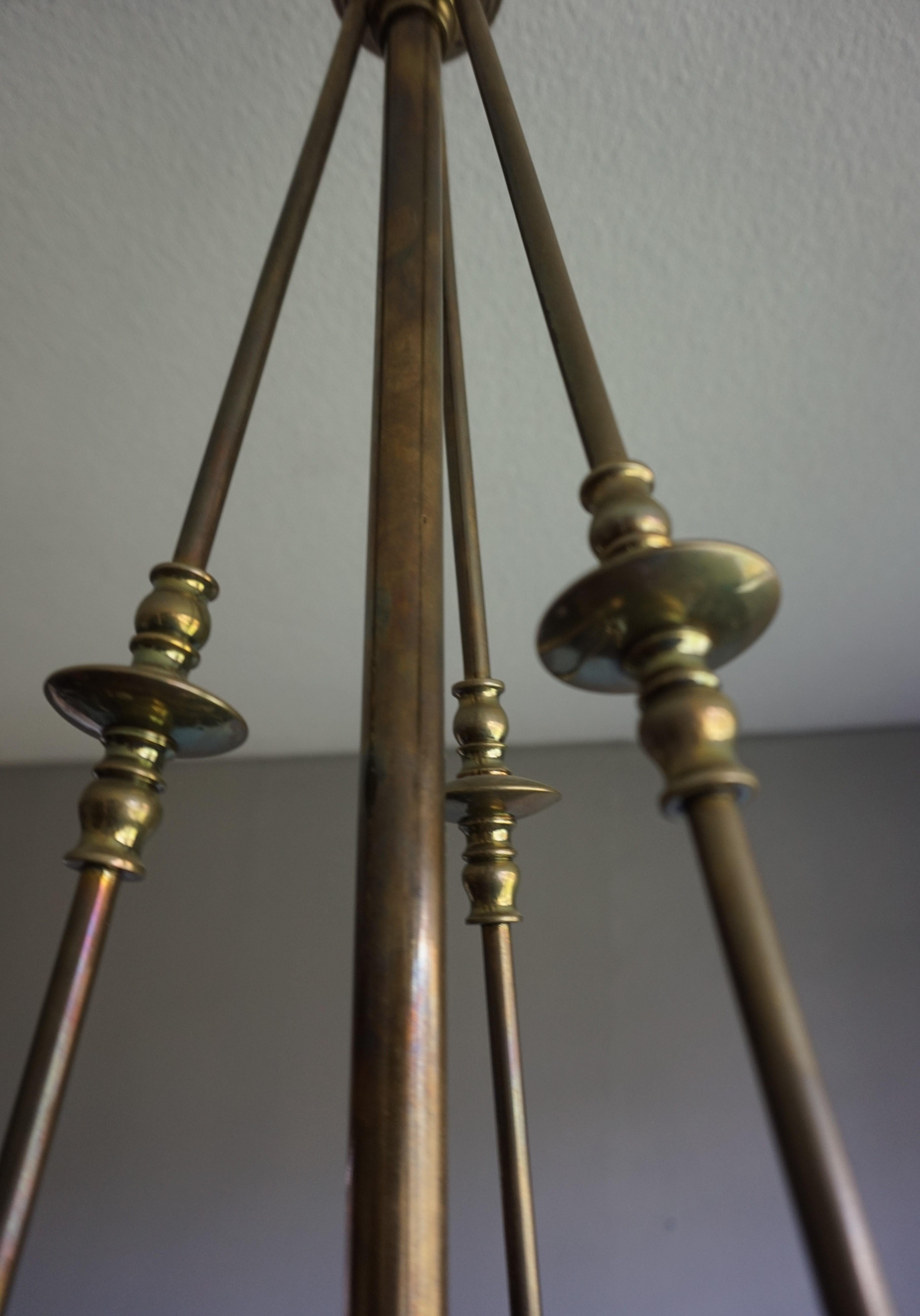 Late 1800s Arts & Crafts Brass Light Fixture with Later Bronze and Glass Shades 7