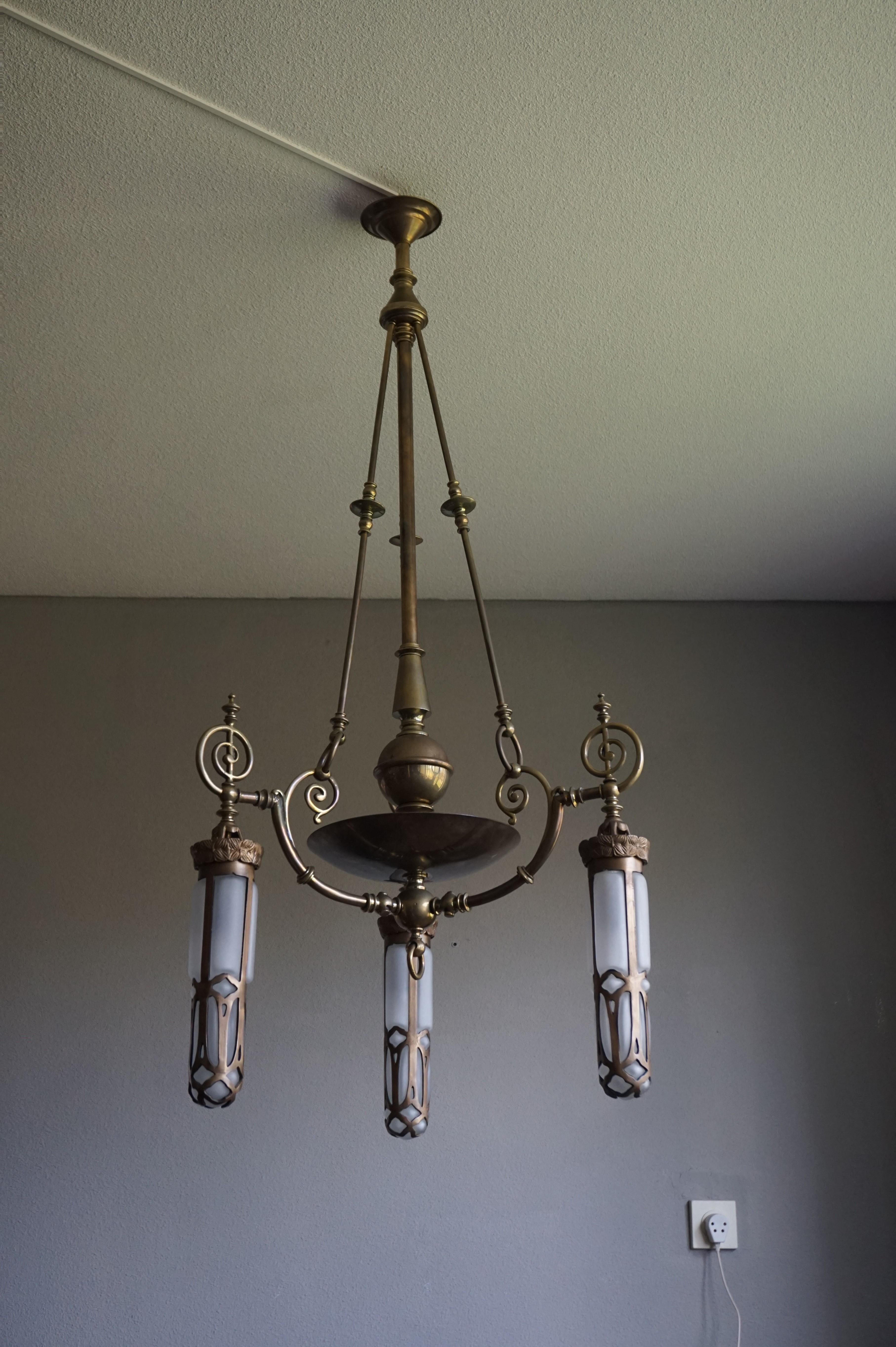 Late 1800s Arts & Crafts Brass Light Fixture with Later Bronze and Glass Shades 9