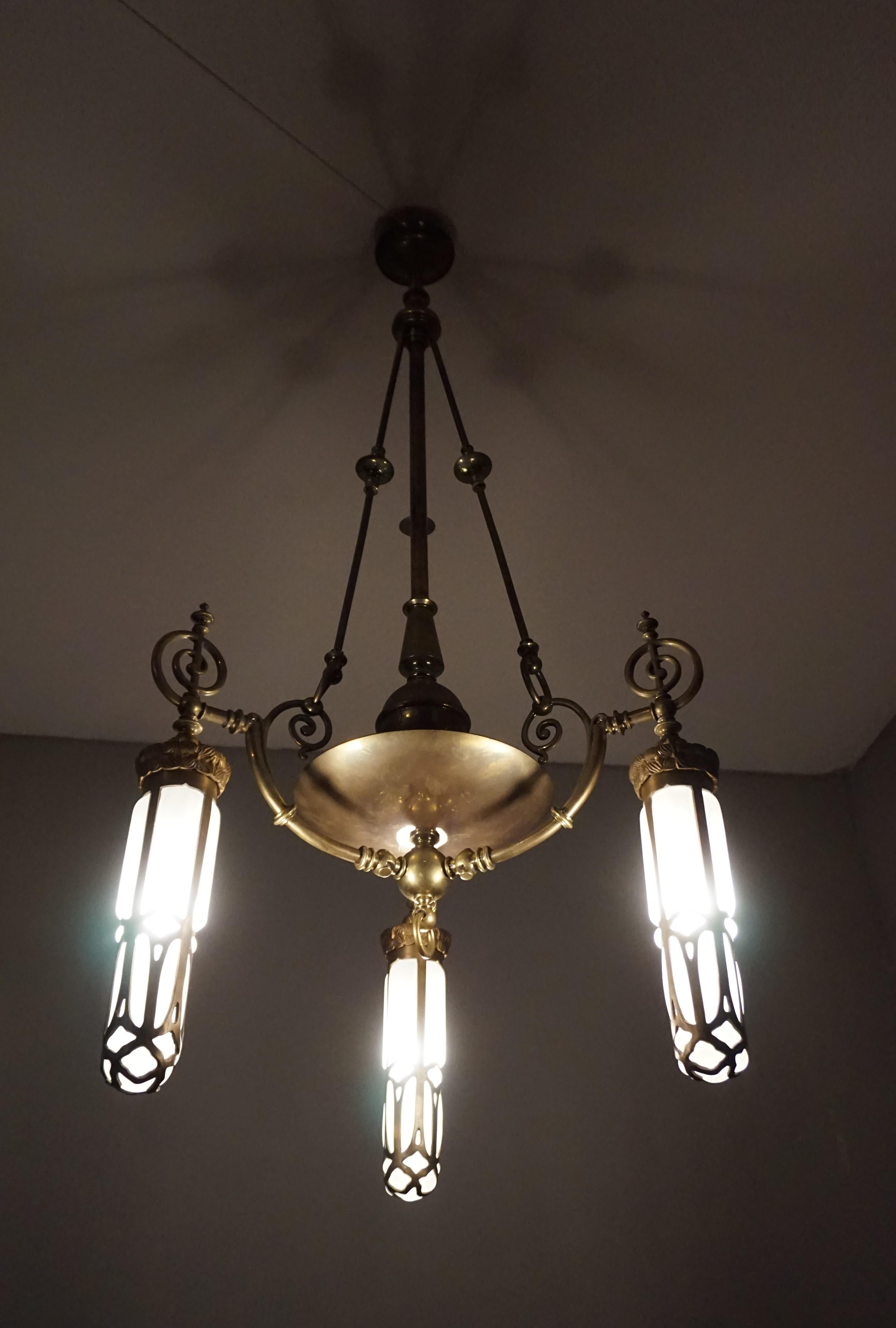 Late 1800s Arts & Crafts Brass Light Fixture with Later Bronze and Glass Shades 10