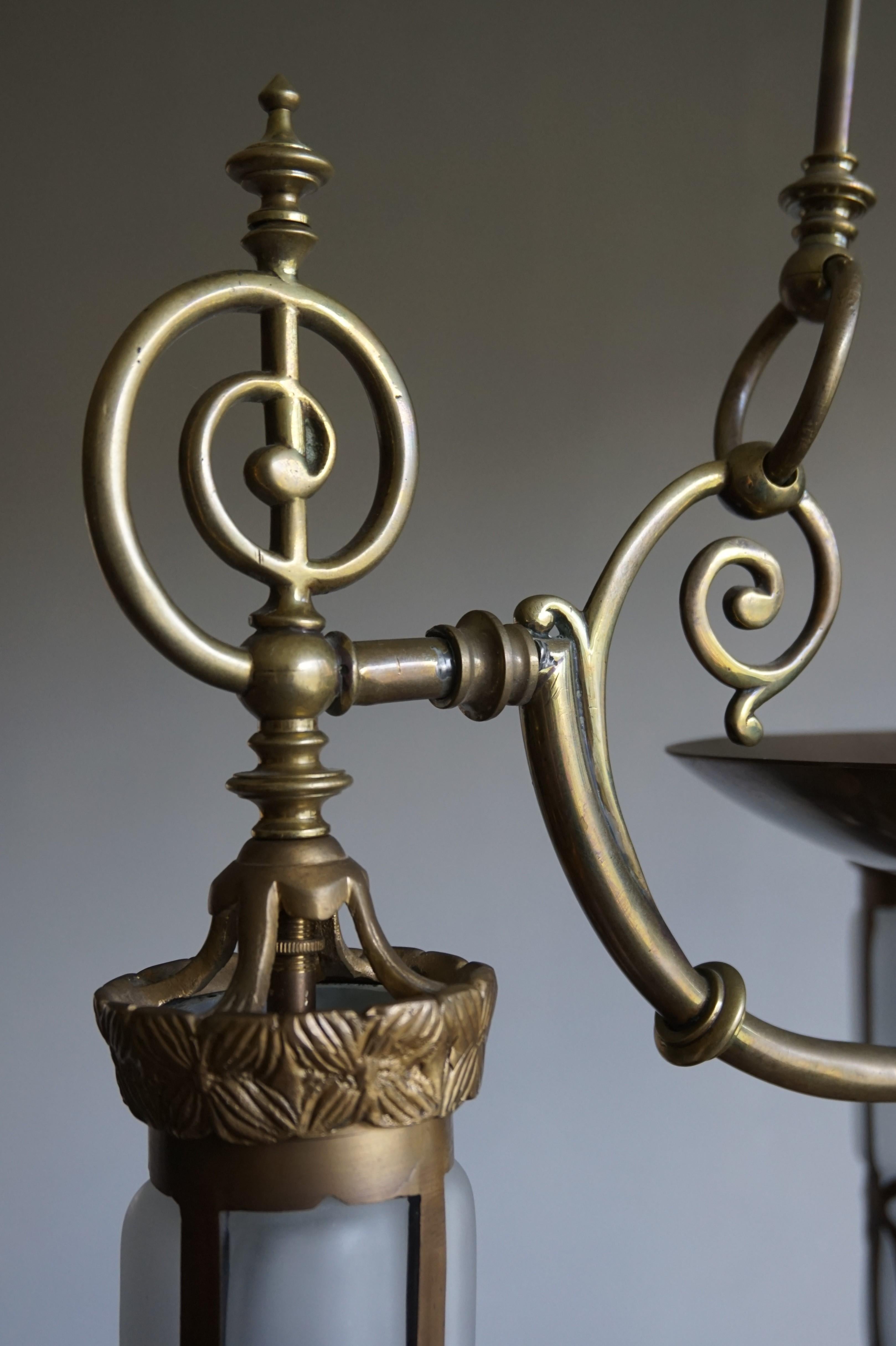 Hand-Crafted Late 1800s Arts & Crafts Brass Light Fixture with Later Bronze and Glass Shades