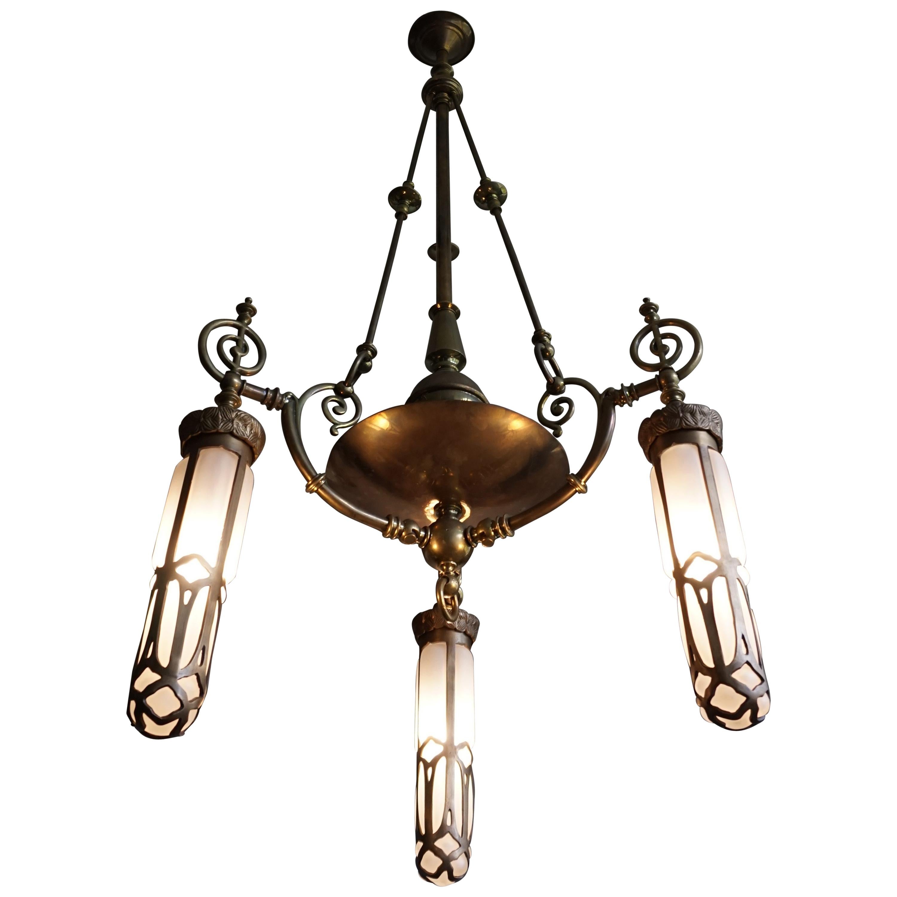 Late 1800s Arts & Crafts Brass Light Fixture with Later Bronze and Glass Shades