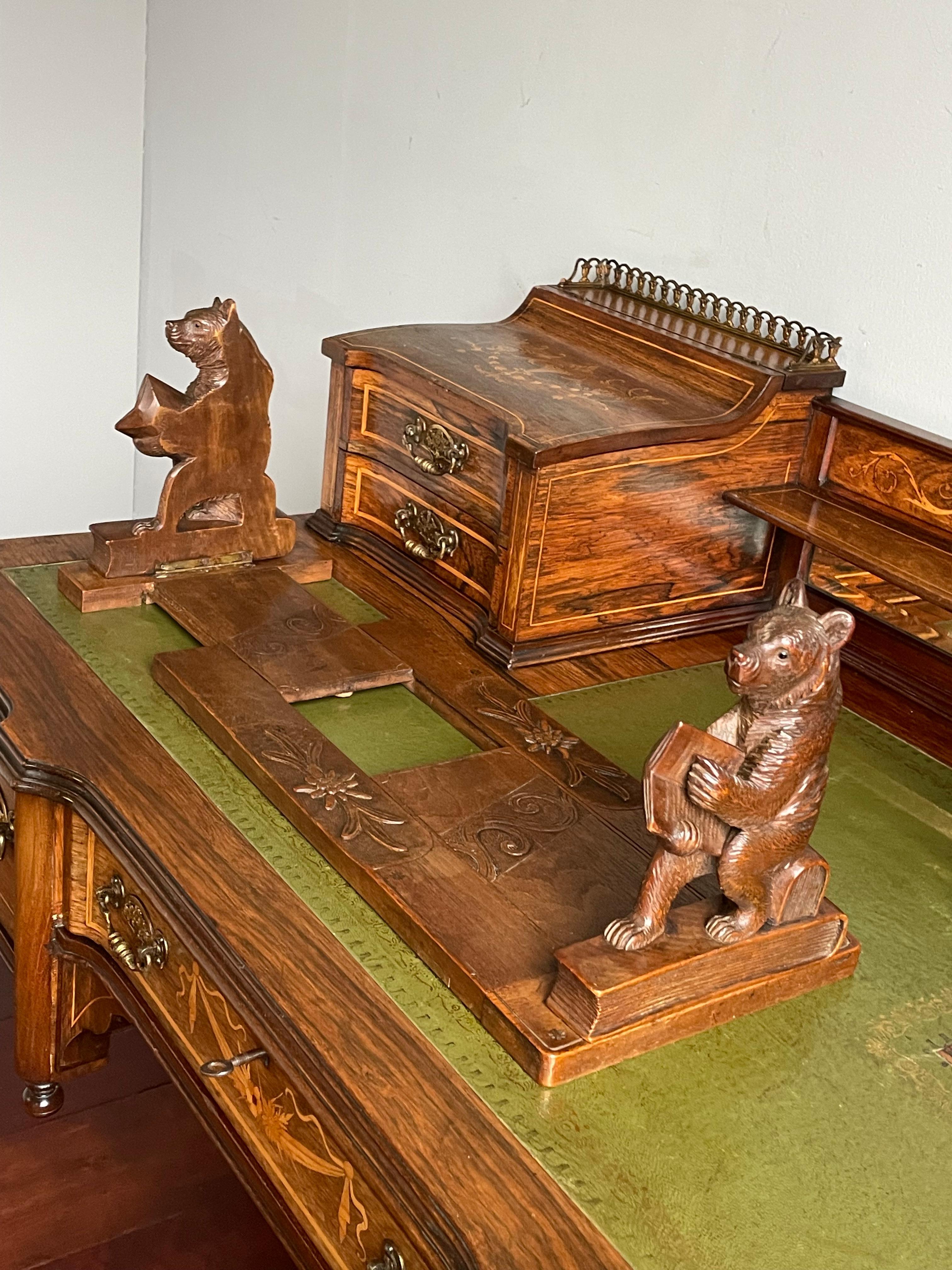 Late 1800s Black Forest Hand Carved Nutwood Book Rack w. Reading Bear Sculptures 4